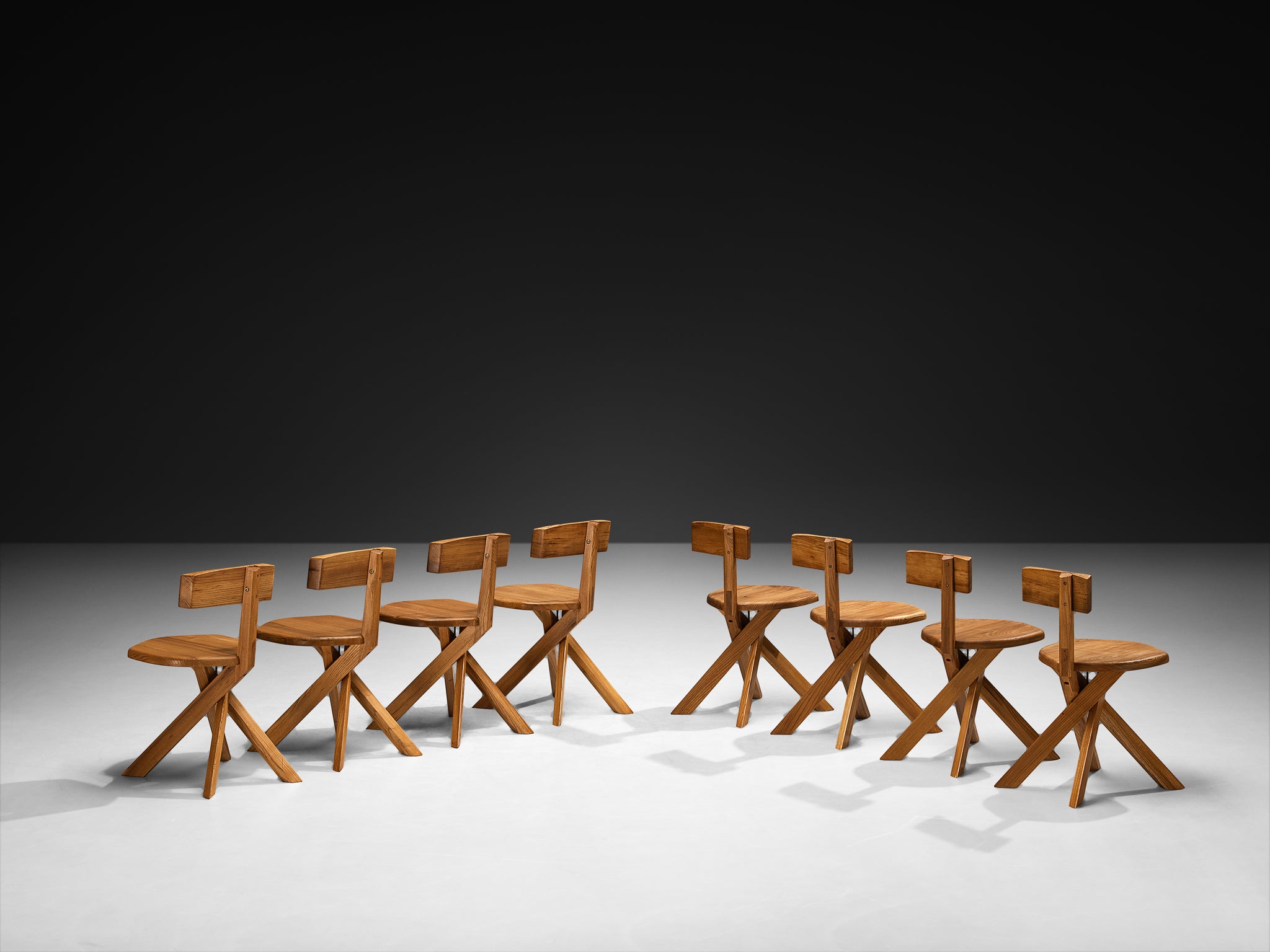 Pierre Chapo 'S34A' Set of Eight Sculptural Chairs in Solid Elm Seating Morentz