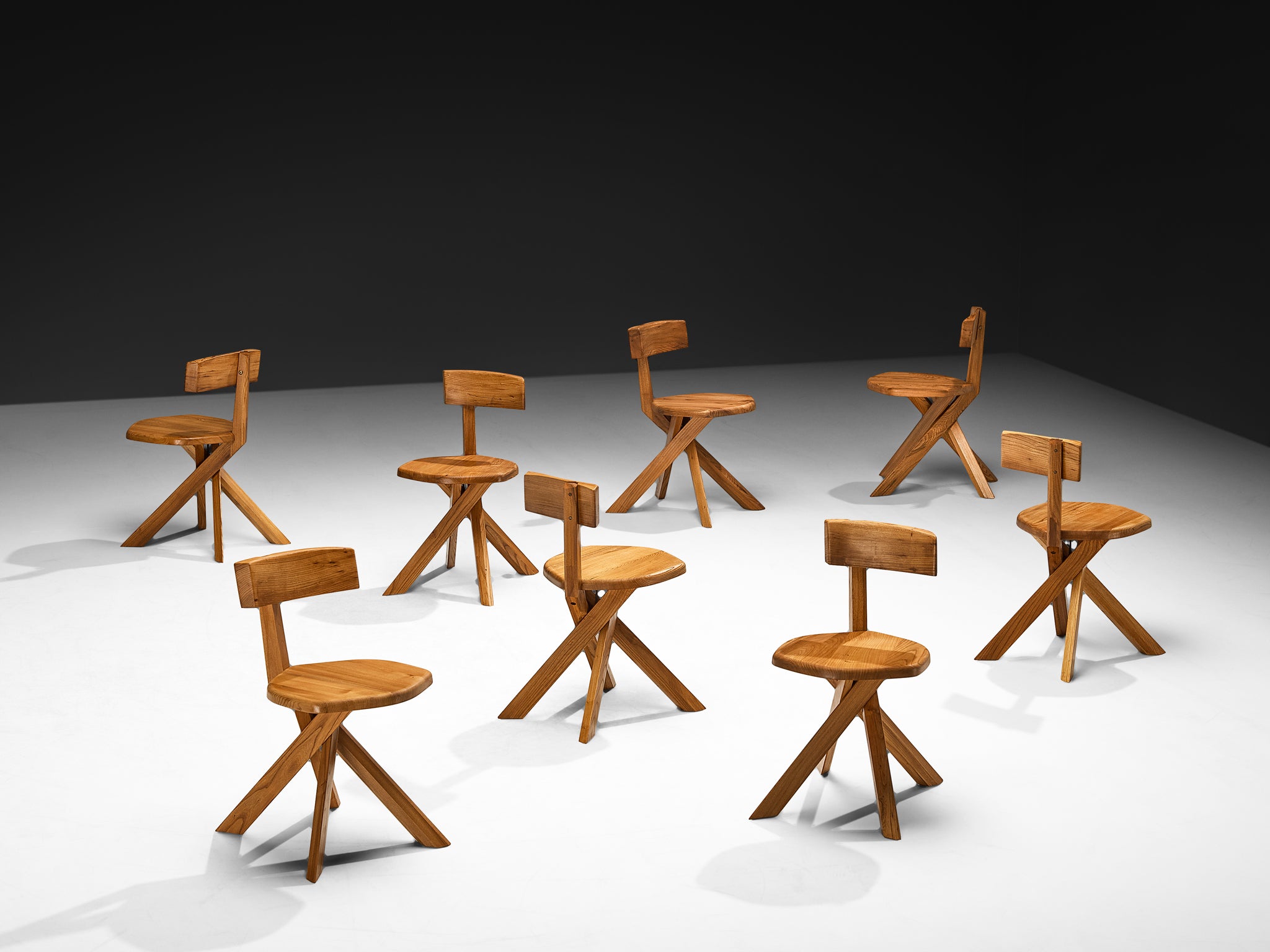 Pierre Chapo 'S34A' Set of Eight Sculptural Chairs in Solid Elm
