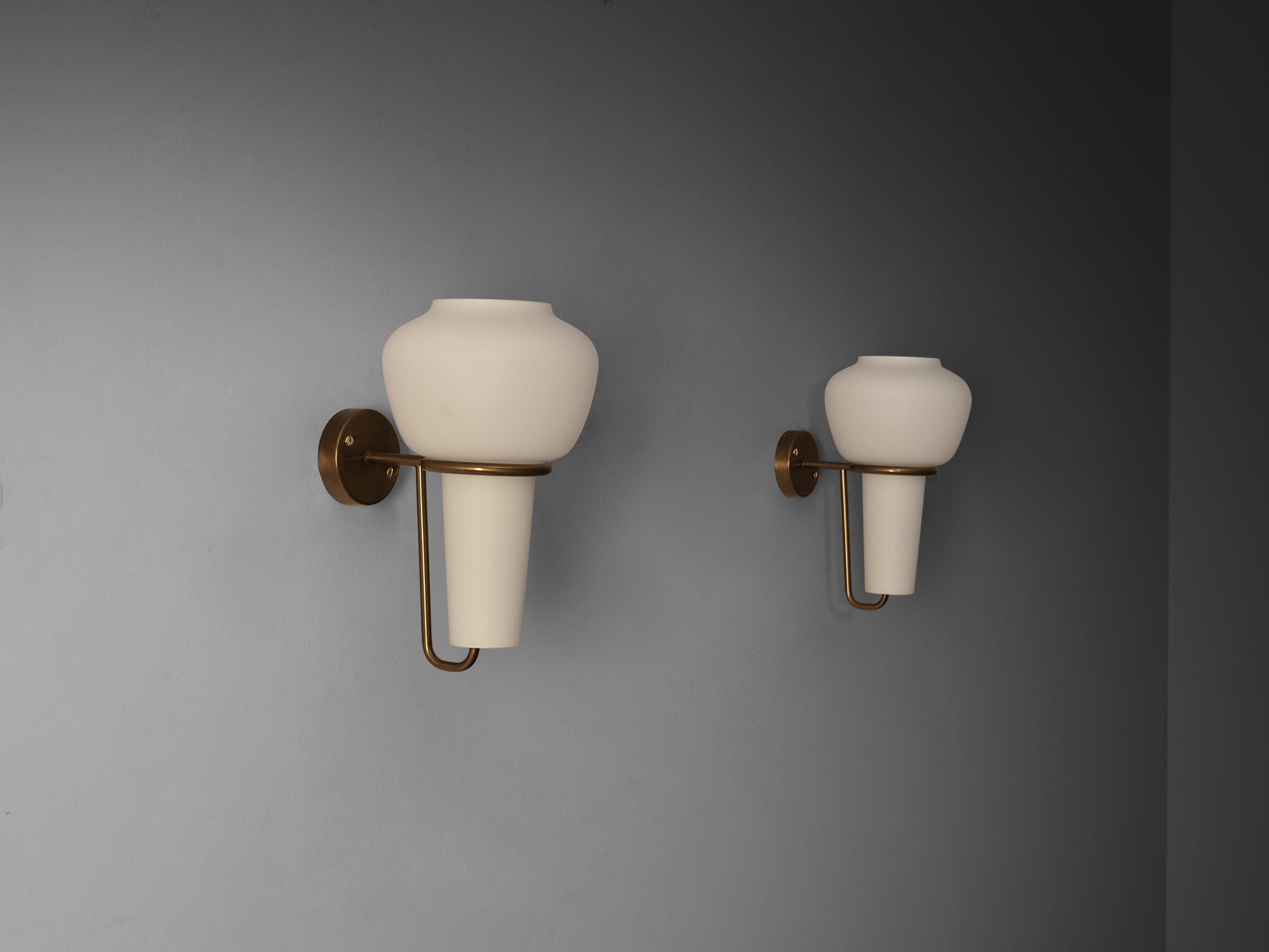 Hans-Agne Jakobsson Pair of Wall Lights in Brass and White Glass Lighting Morentz