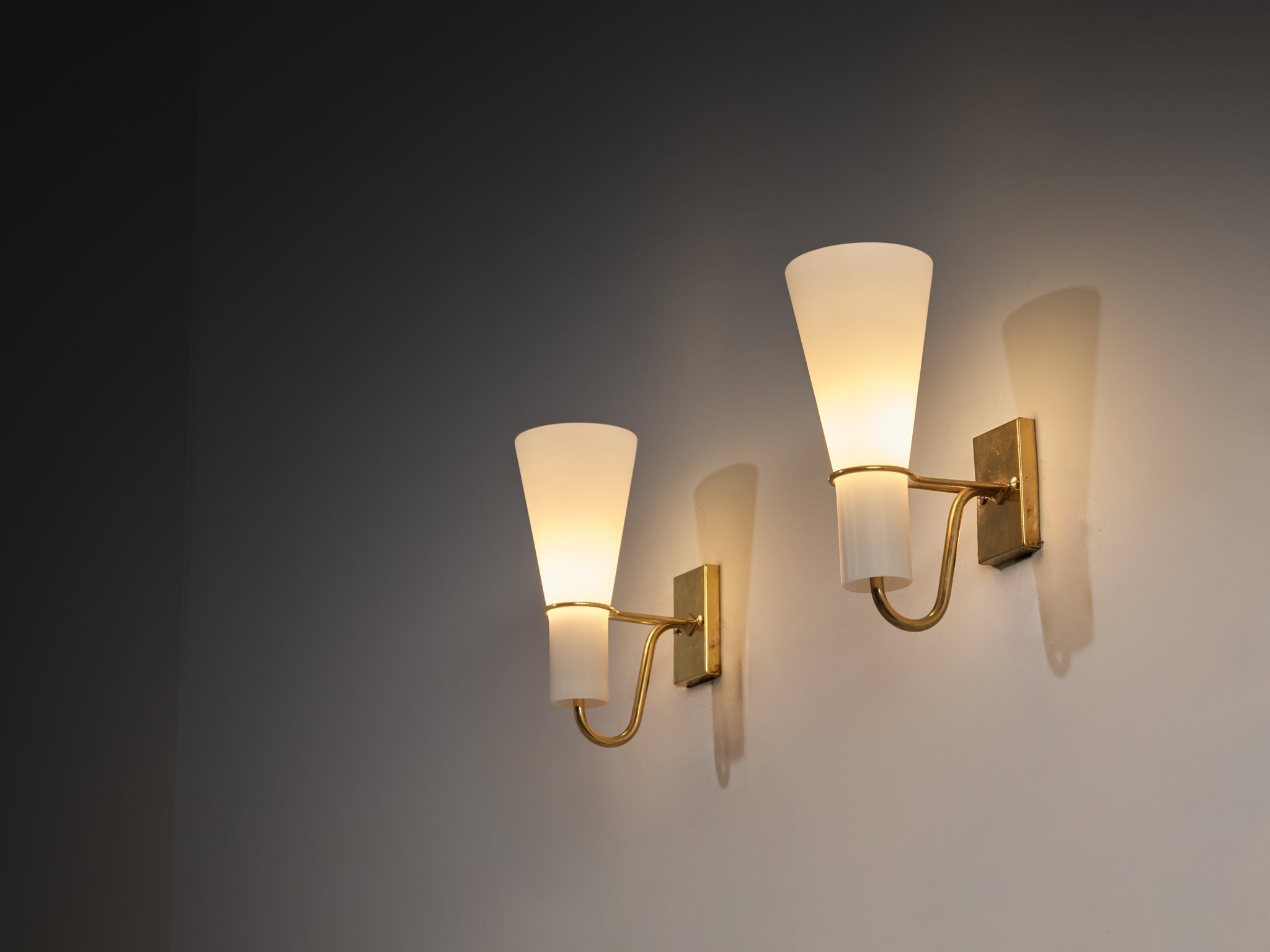 Hans Bergström for ASEA Pair of Wall Lights in Brass and White Opal Glass Lighting Morentz