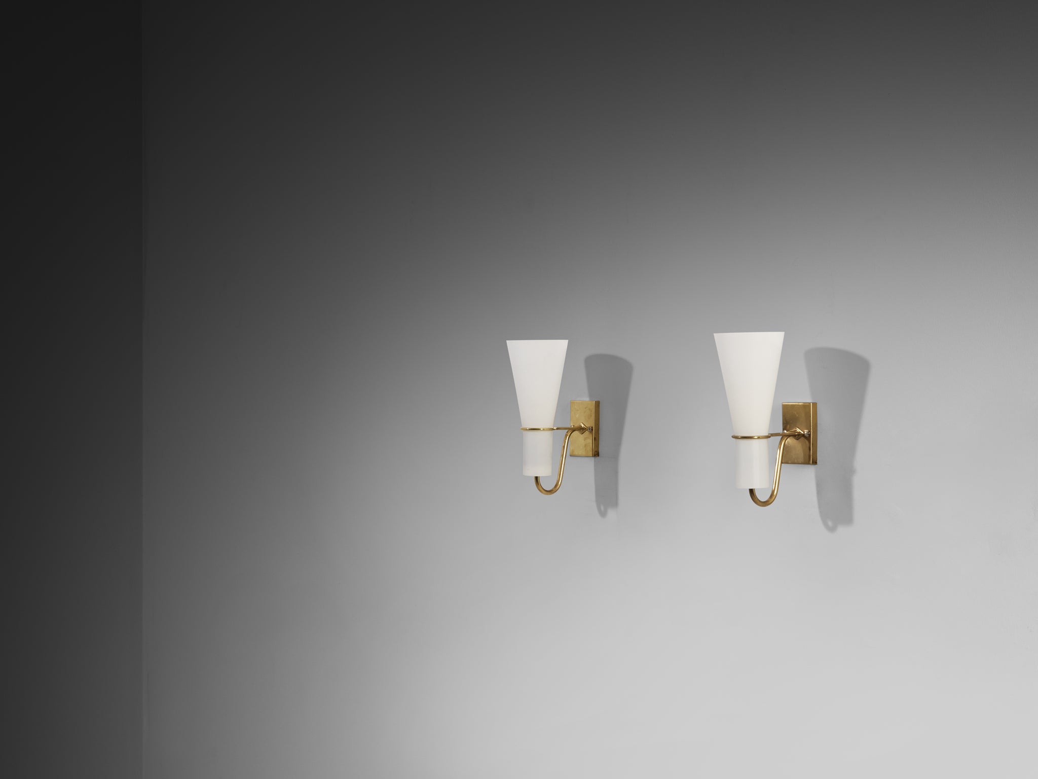 Hans Bergström for ASEA Pair of Wall Lights in Brass and White Opal Glass Lighting Morentz
