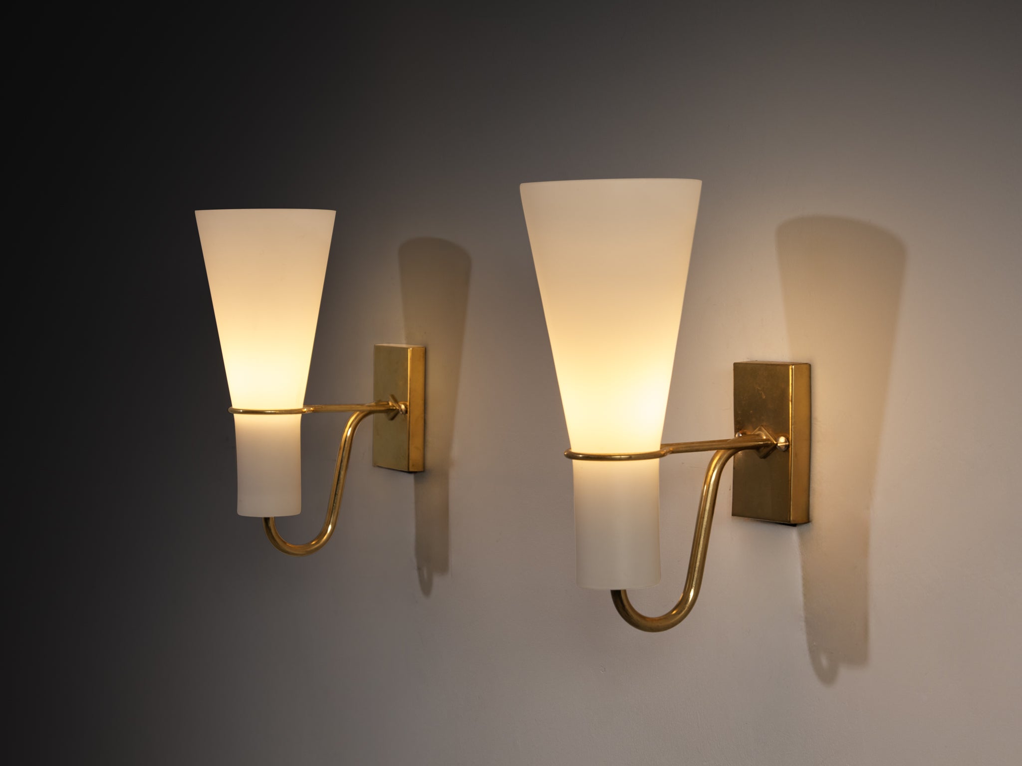 Hans Bergström for ASEA Pair of Wall Lights in Brass and White Opal Glass Lighting Morentz