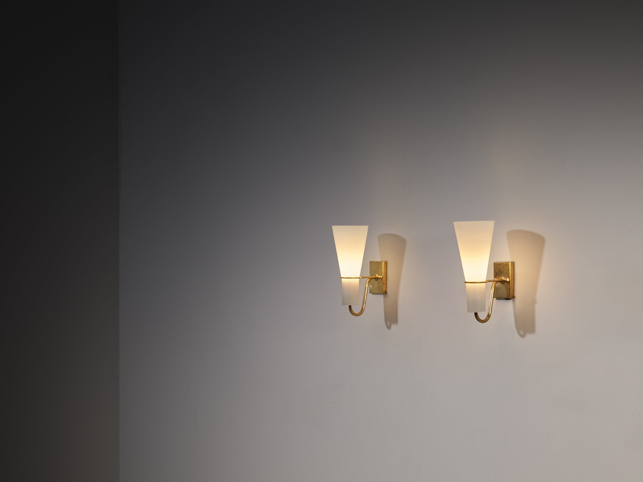 Hans Bergström for ASEA Pair of Wall Lights in Brass and White Opal Glass Lighting Morentz