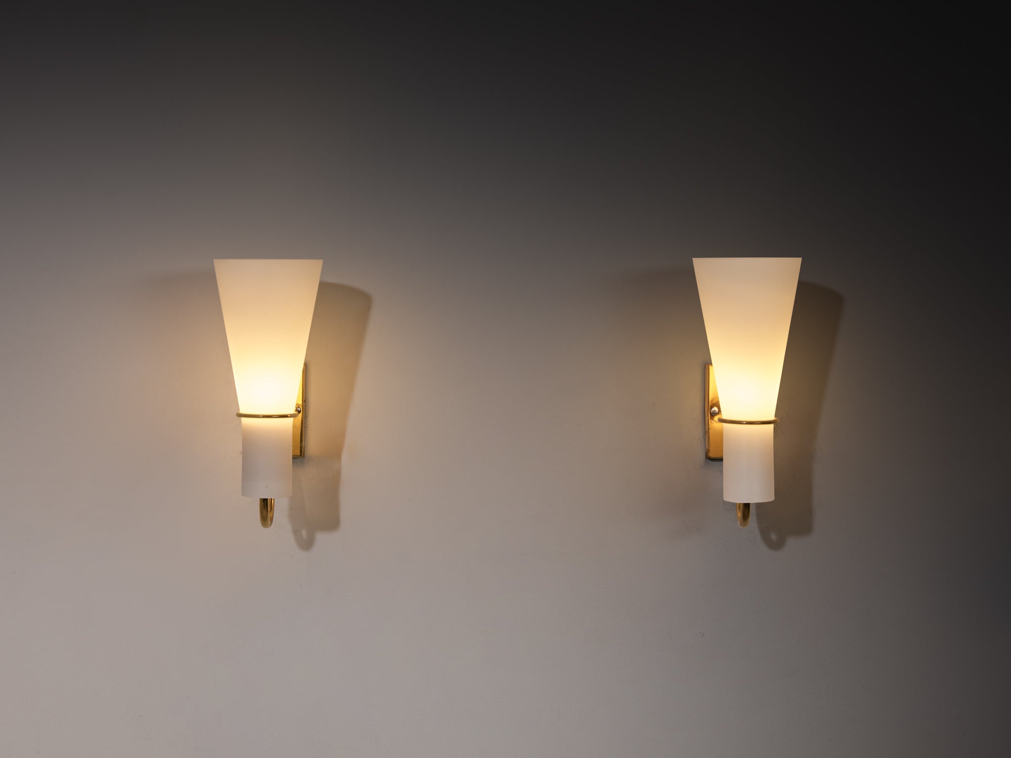 Hans Bergström for ASEA Pair of Wall Lights in Brass and White Opal Glass Lighting Morentz