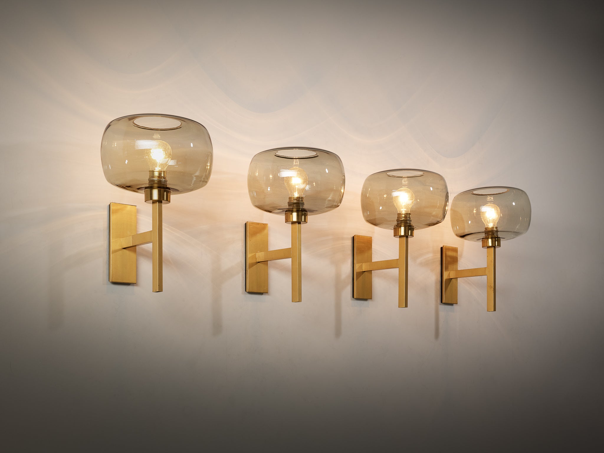 Holger Johansson for Westal Set of Four Wall Lights in Brass and Smoked Glass Lighting Morentz