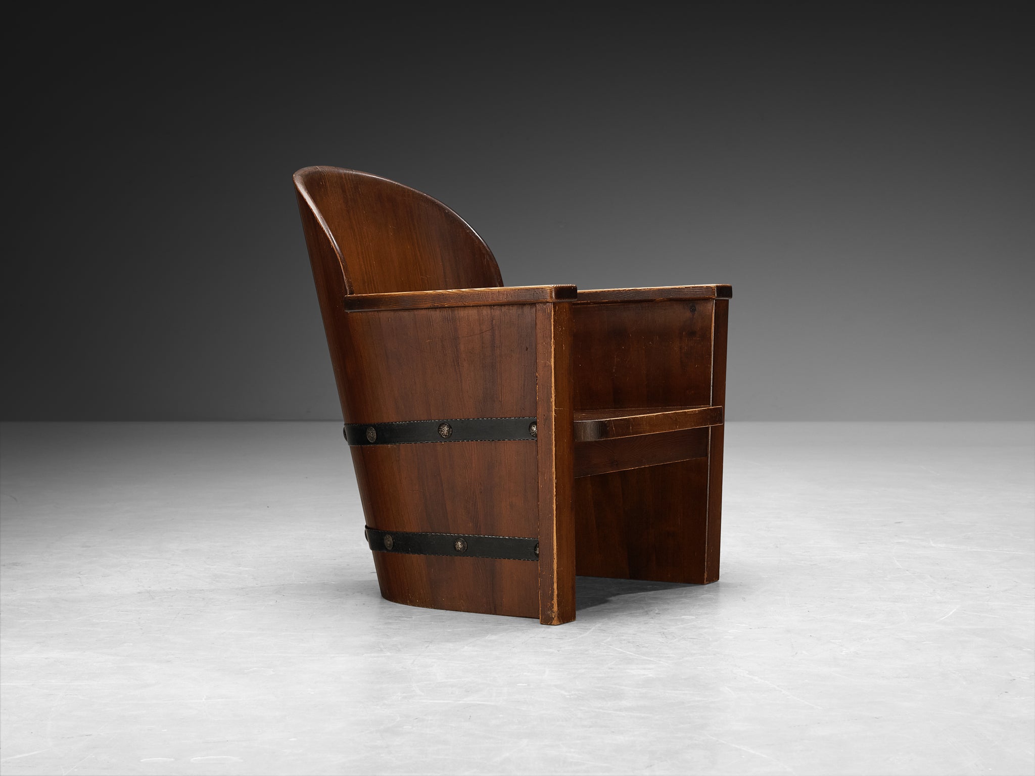 Rare Åby Möbelfabrik Pair of 'Lövåsen' Barrel Armchairs in Solid Pine and Iron Seating Morentz