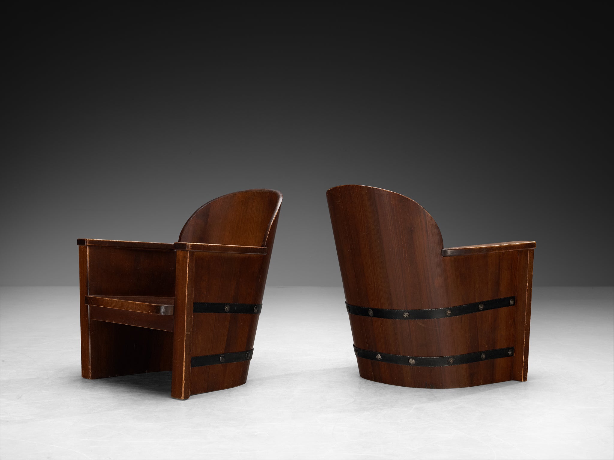Rare Åby Möbelfabrik Pair of 'Lövåsen' Barrel Armchairs in Solid Pine and Iron Seating Morentz