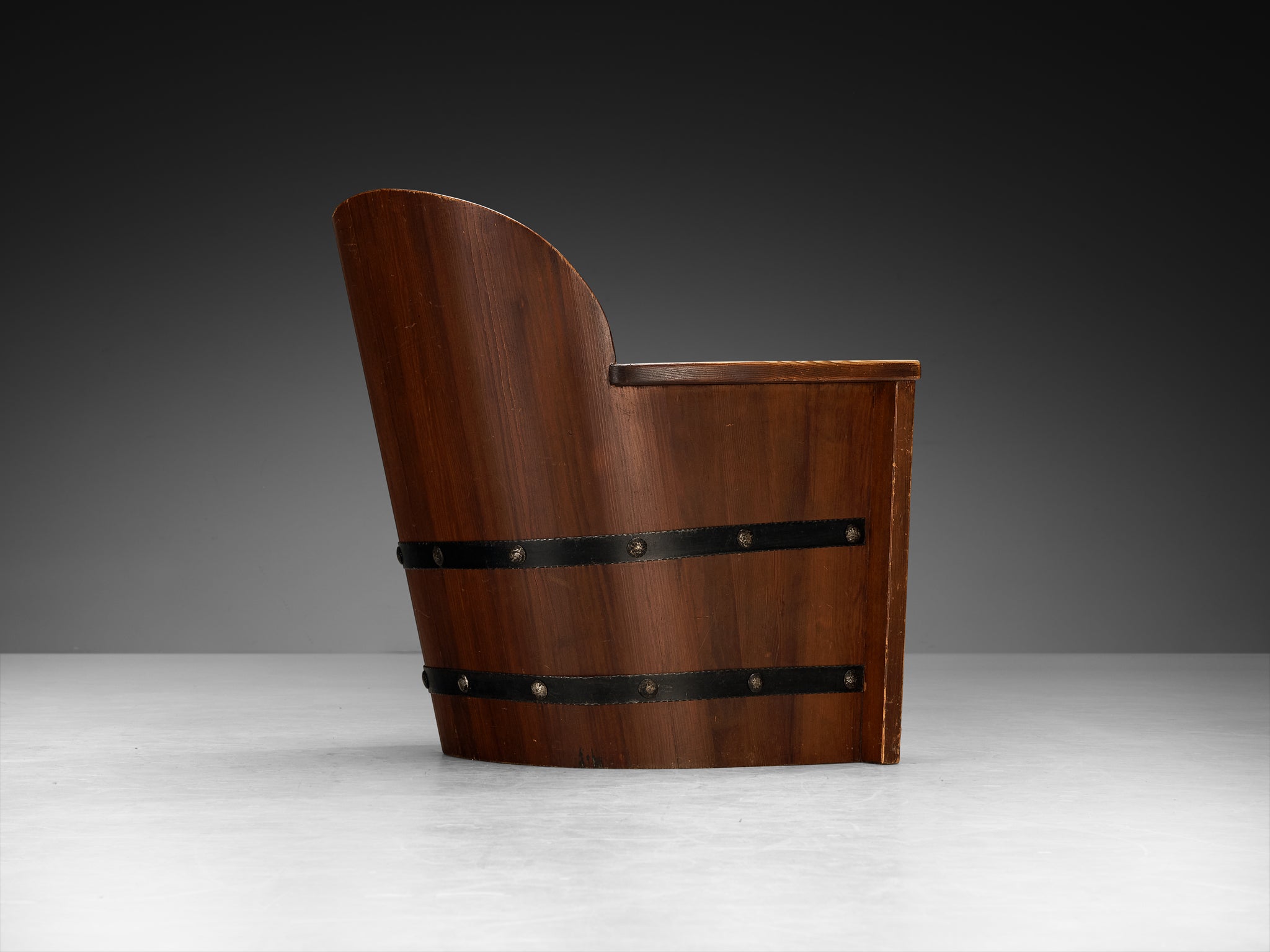 Rare Åby Möbelfabrik Pair of 'Lövåsen' Barrel Armchairs in Solid Pine and Iron Seating Morentz