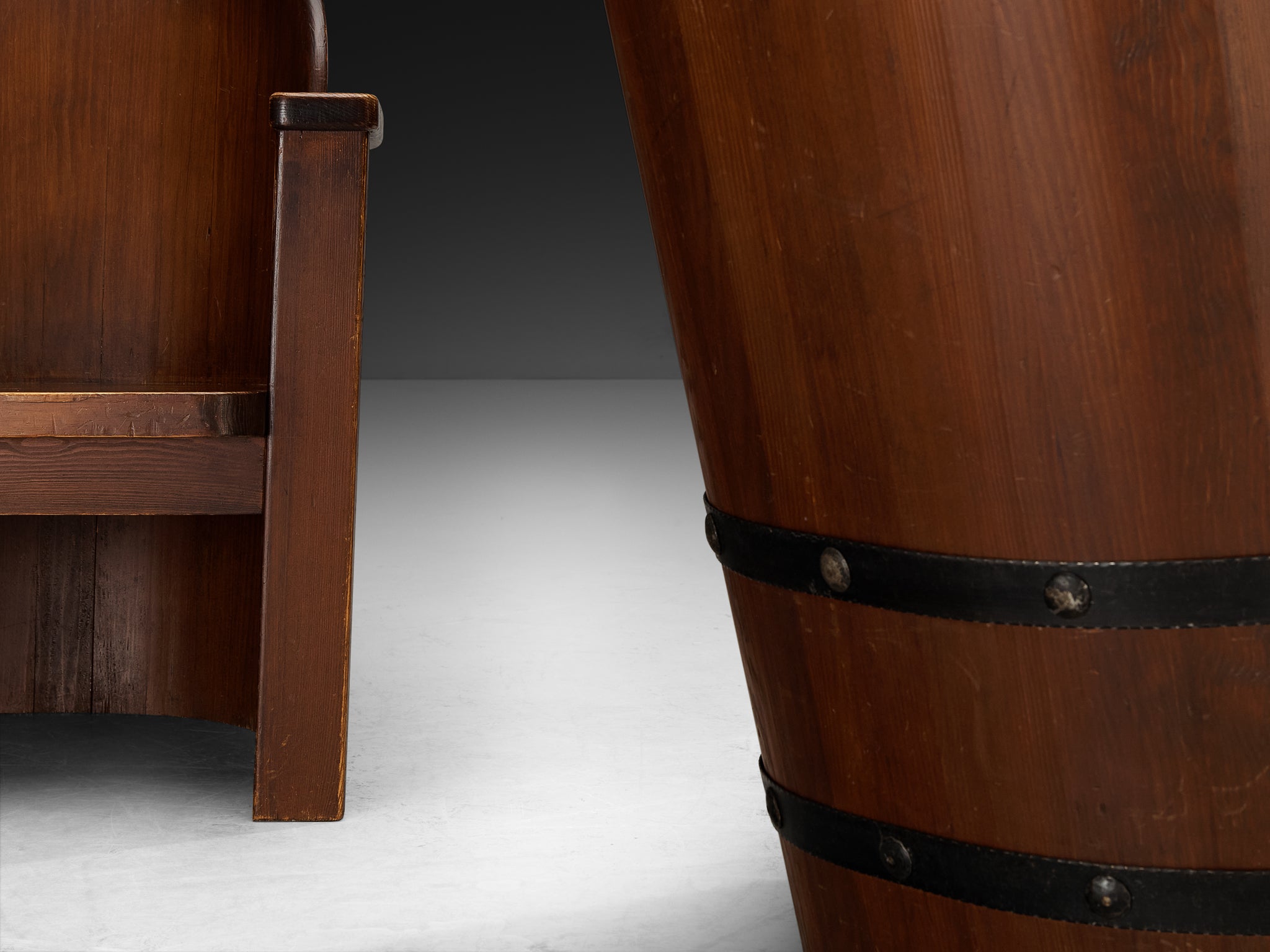 Rare Åby Möbelfabrik Pair of 'Lövåsen' Barrel Armchairs in Solid Pine and Iron Seating Morentz