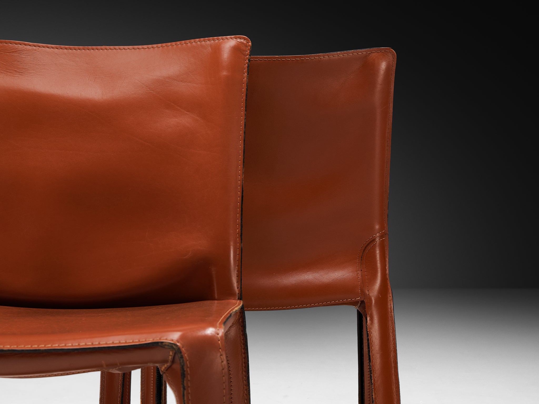 Mario Bellini for Cassina Set of Sixteen 'Cab' Dining Chairs in Red Brown Leather Seating Morentz