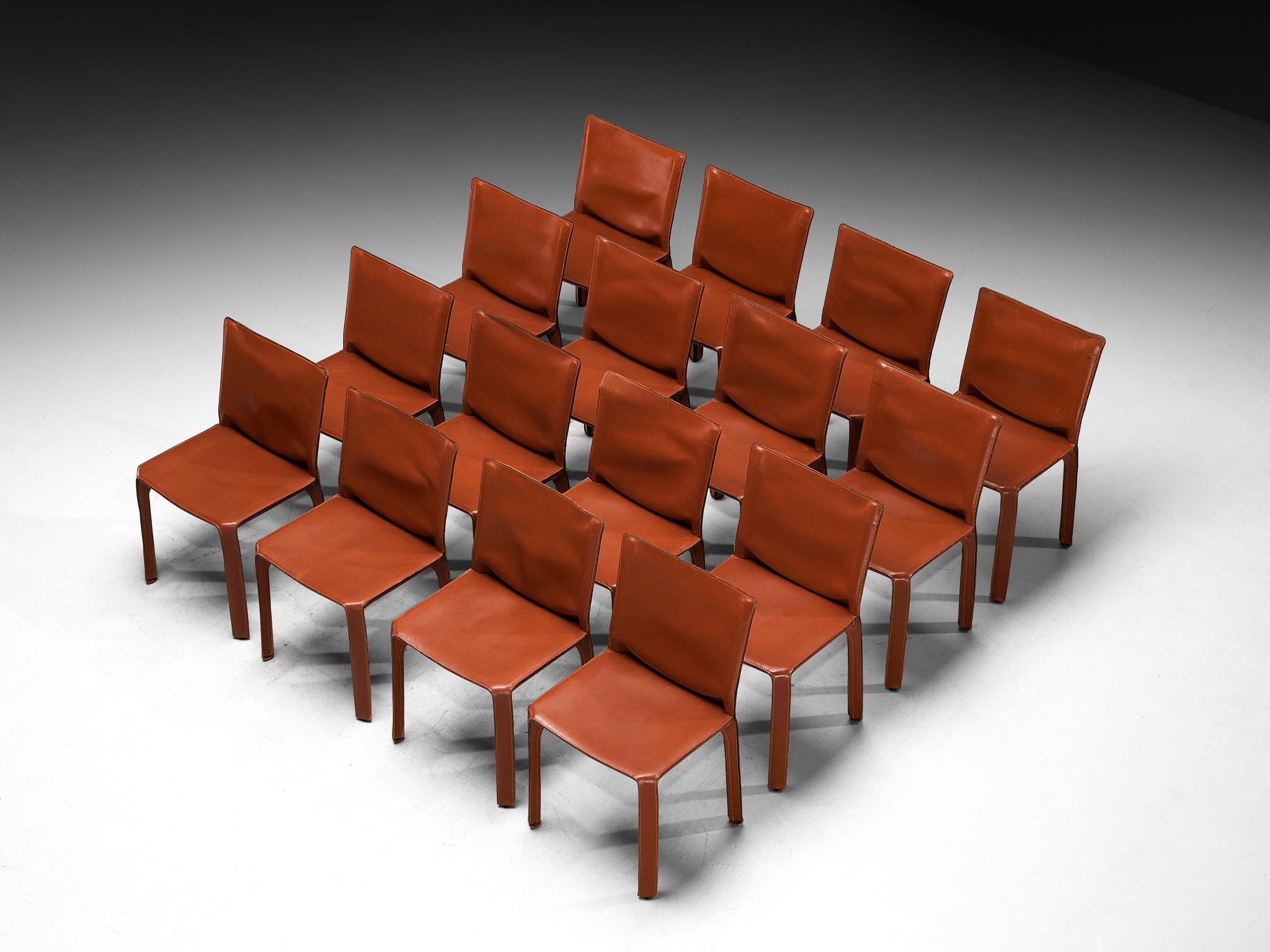 Mario Bellini for Cassina Set of Sixteen 'Cab' Dining Chairs in Red Brown Leather Seating Morentz