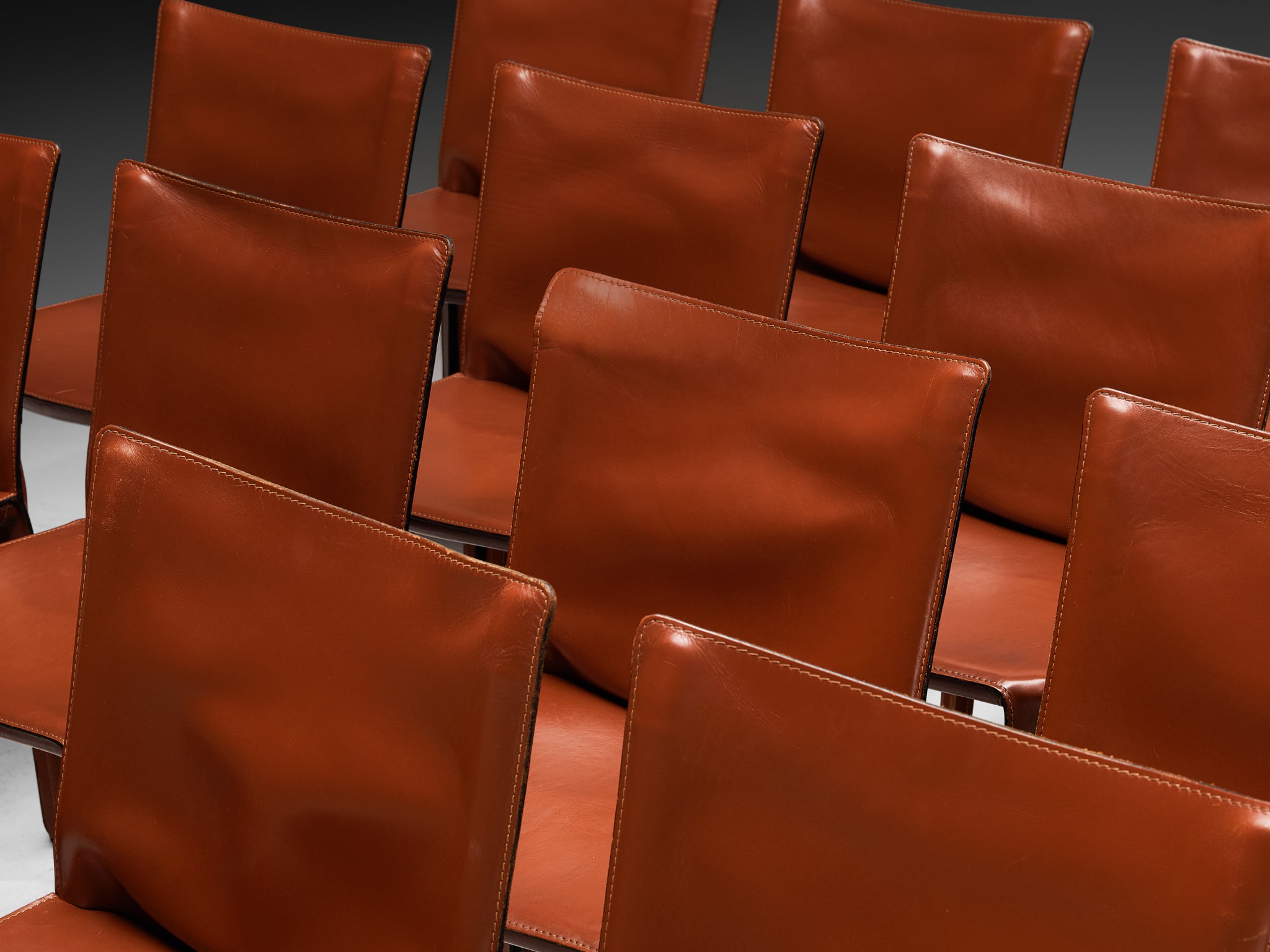 Mario Bellini for Cassina Set of Sixteen 'Cab' Dining Chairs in Red Brown Leather Seating Morentz