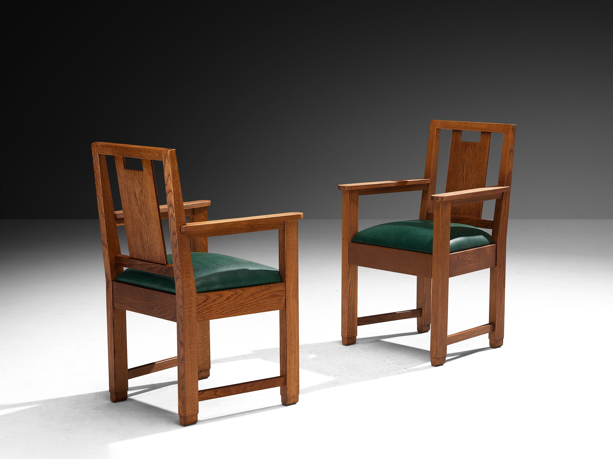 Art Deco Set of Eight Dining Chairs in Oak and Green Upholstered Seats Seating Morentz