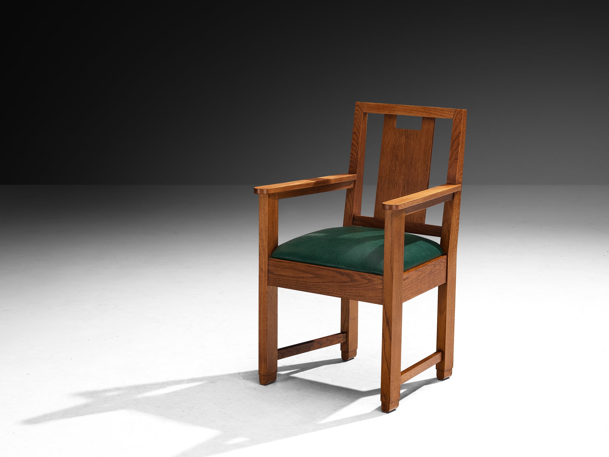 Art Deco Set of Eight Dining Chairs in Oak and Green Upholstered Seats Seating Morentz