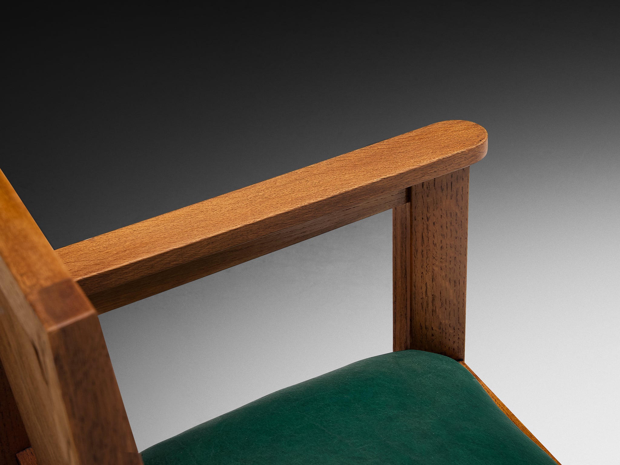 Art Deco Set of Eight Dining Chairs in Oak and Green Upholstered Seats Seating Morentz