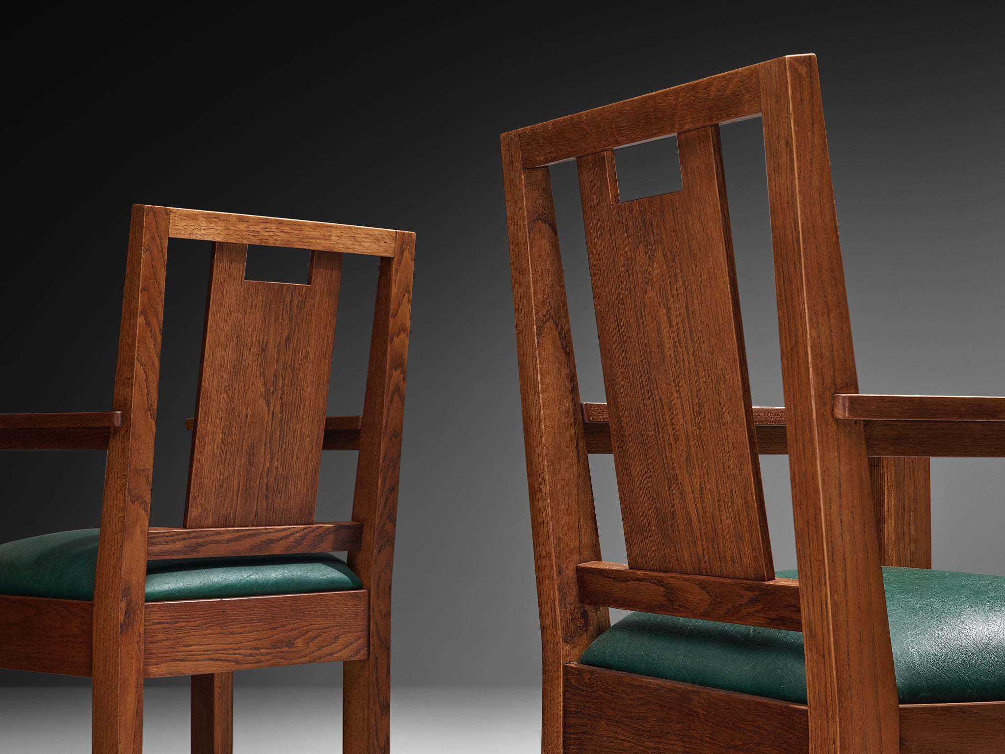 Art Deco Set of Eight Dining Chairs in Oak and Green Upholstered Seats Seating Morentz