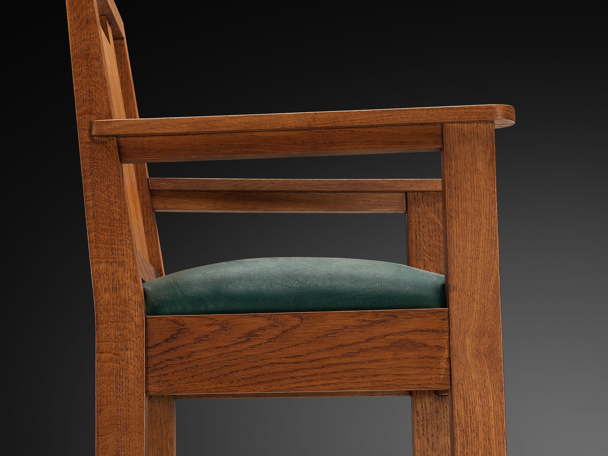 Art Deco Set of Eight Dining Chairs in Oak and Green Upholstered Seats Seating Morentz