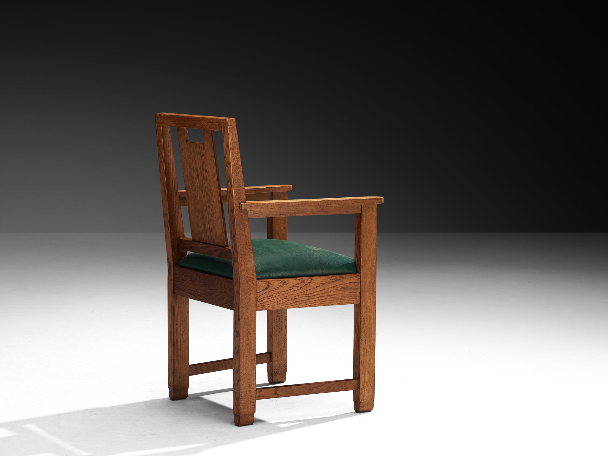 Art Deco Set of Eight Dining Chairs in Oak and Green Upholstered Seats Seating Morentz