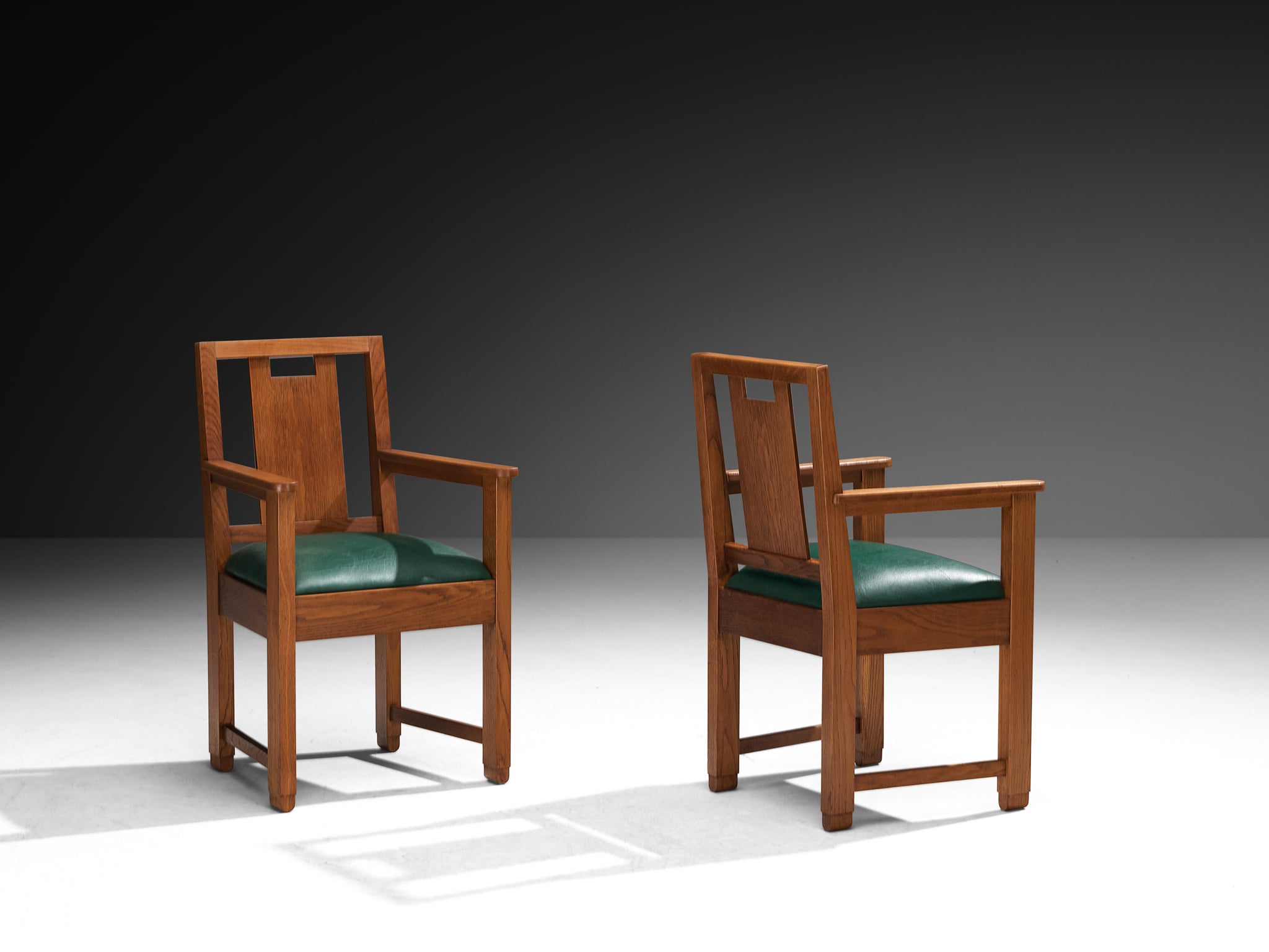 Art Deco Set of Eight Dining Chairs in Oak and Green Upholstered Seats Seating Morentz