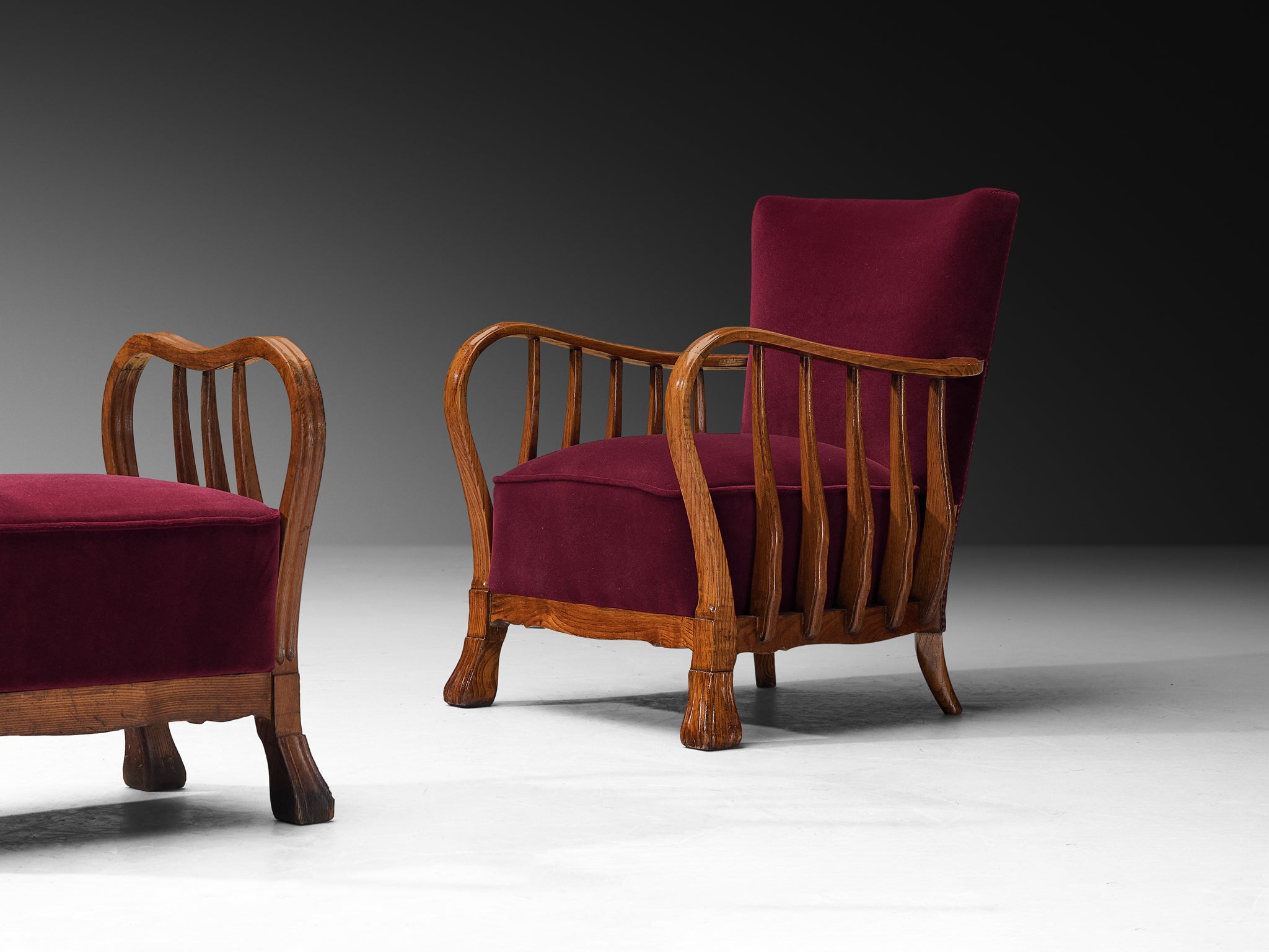 Ernesto Valabrega for Vittorio Valabrega Italian Art Deco Lounge Set Chairs and Ottoman in Wood and Foresti Red Velvet
