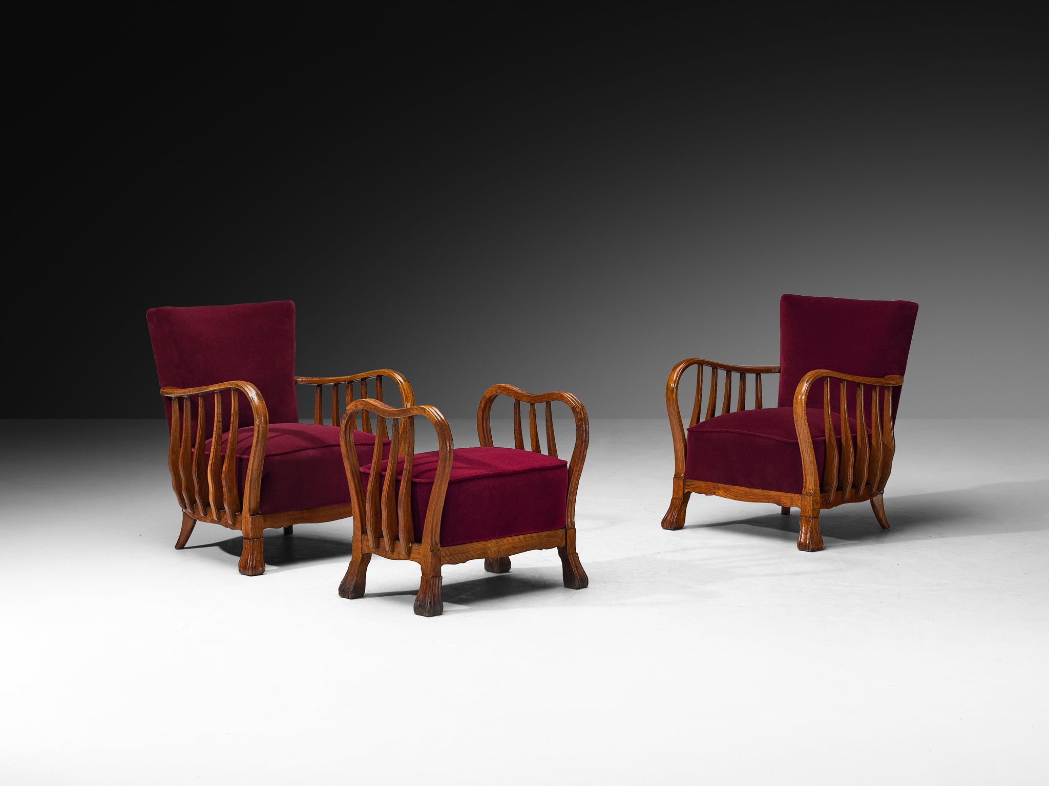 Ernesto Valabrega for Vittorio Valabrega Italian Art Deco Lounge Set Chairs and Ottoman in Wood and Foresti Red Velvet