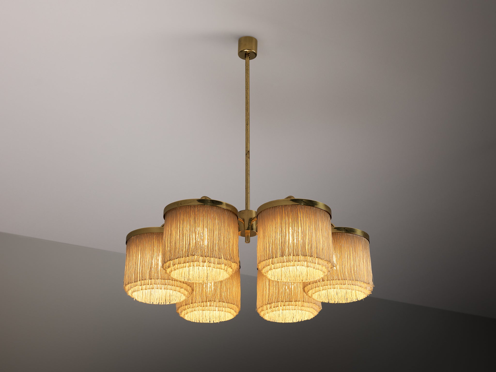 Hans-Agne Jakobsson Chandelier in Brass with Beige Silk Fringes Lighting Morentz