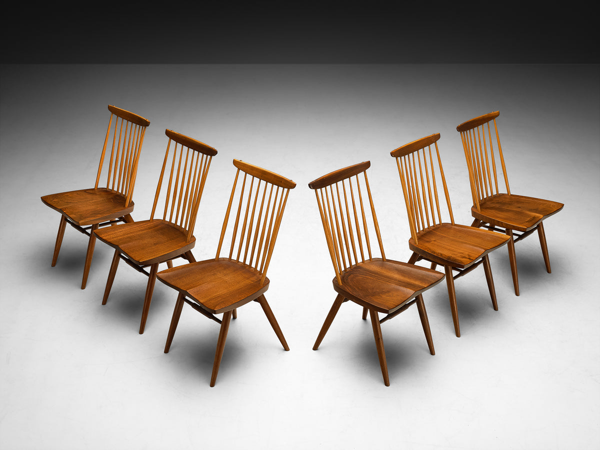 George Nakashima Set of Six 'New' Dining Chairs in Walnut and Hickory Seating Morentz