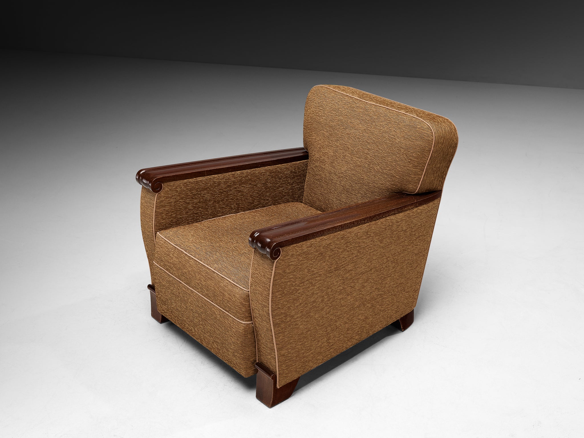 Pair of French Mid-Century Lounge Chairs in Mahogany and Mocha Upholstery Seating Morentz