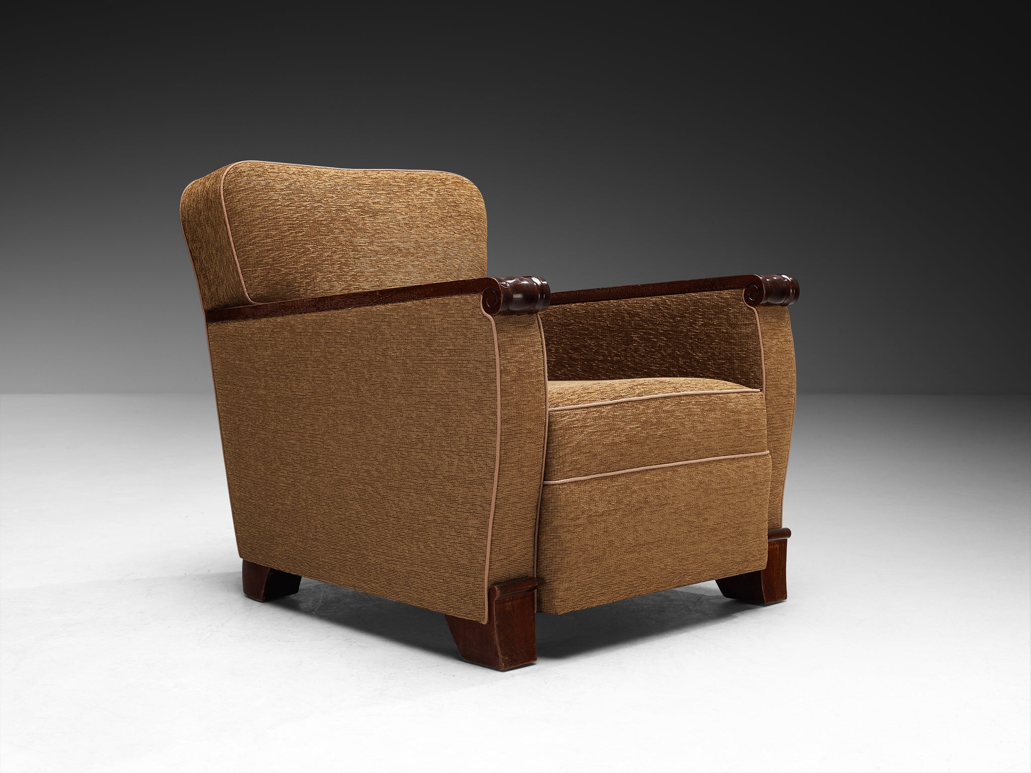 Pair of French Mid-Century Lounge Chairs in Mahogany and Mocha Upholstery Seating Morentz