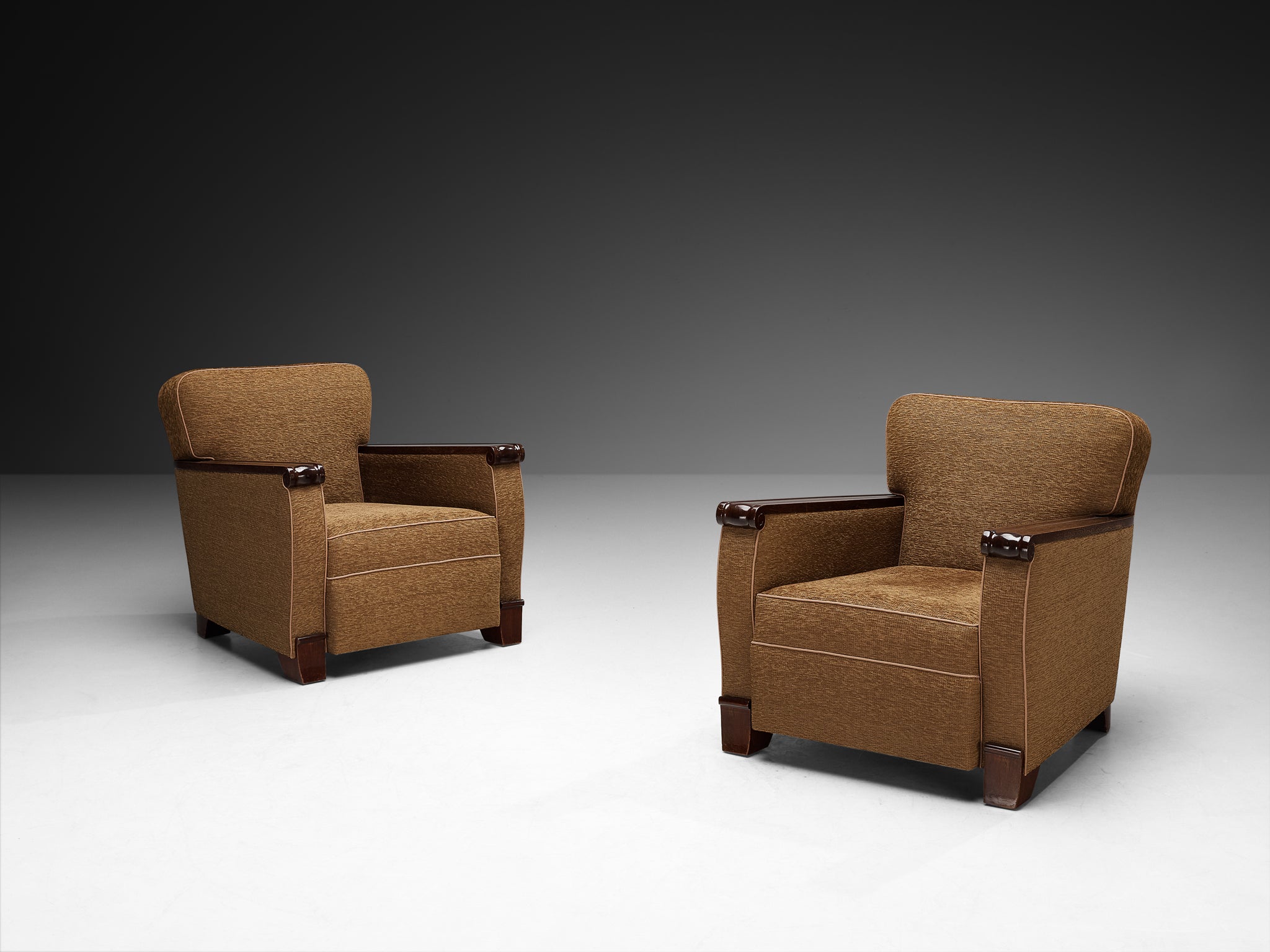 French Mid-Century Lounge Chairs in Mahogany and Mocha Upholstery Seating Morentz
