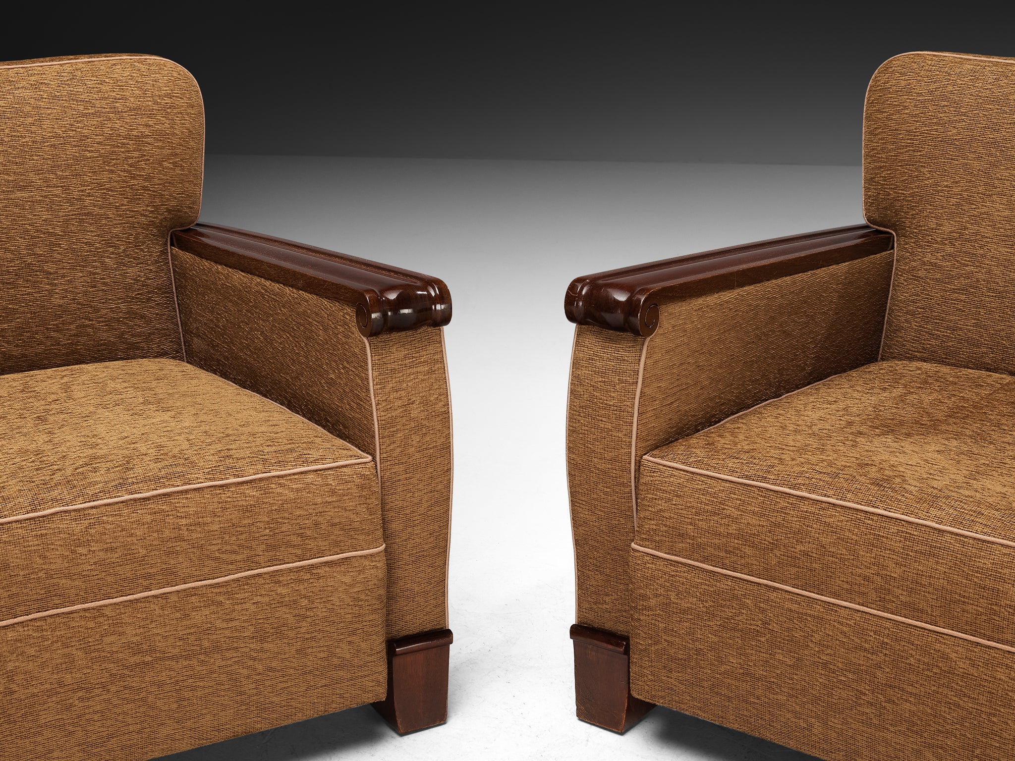 Pair of French Mid-Century Lounge Chairs in Mahogany and Mocha Upholstery Seating Morentz