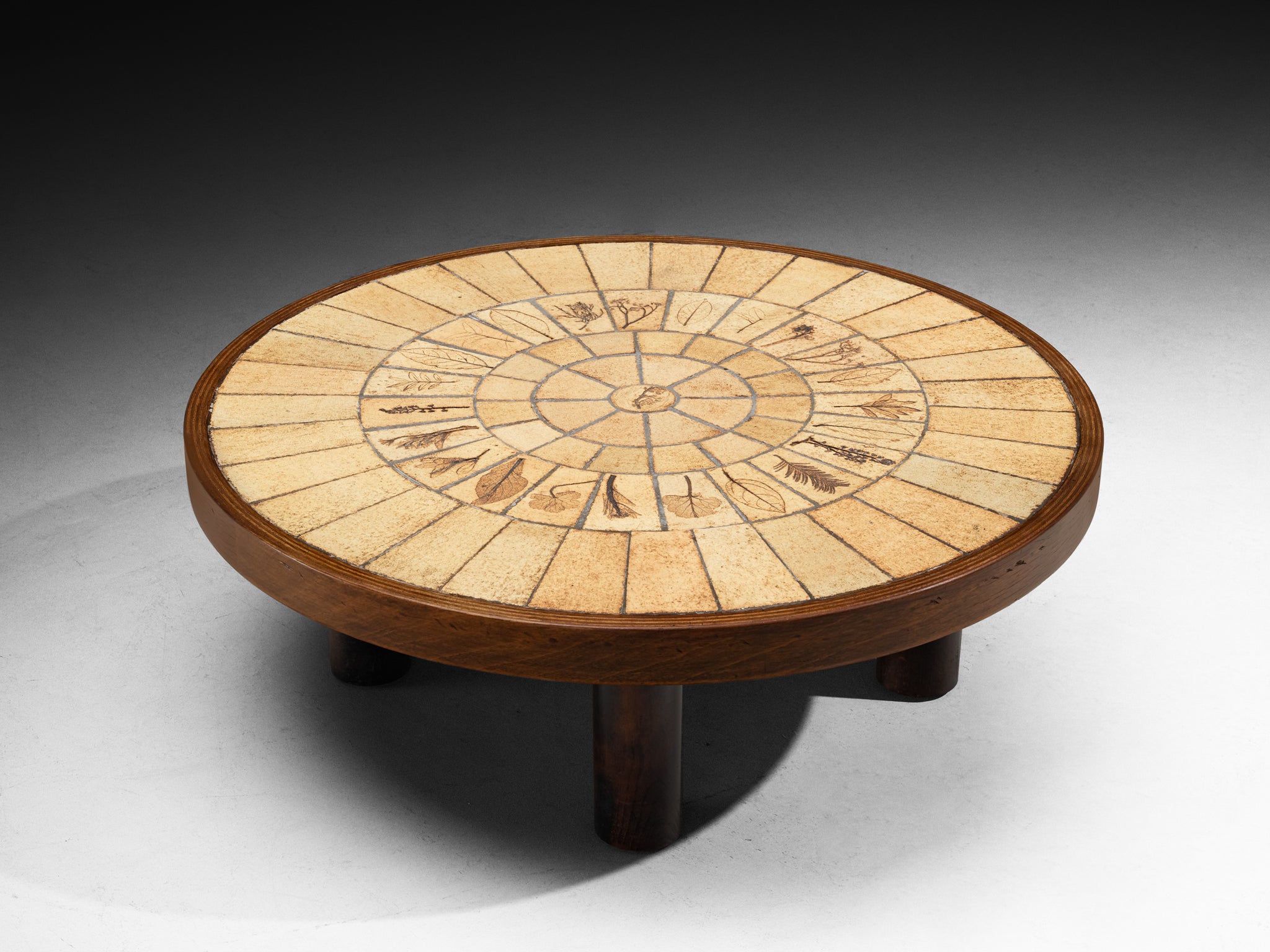 Roger Capron Round Coffee Table with Floral Imprints in Ceramic and Wood