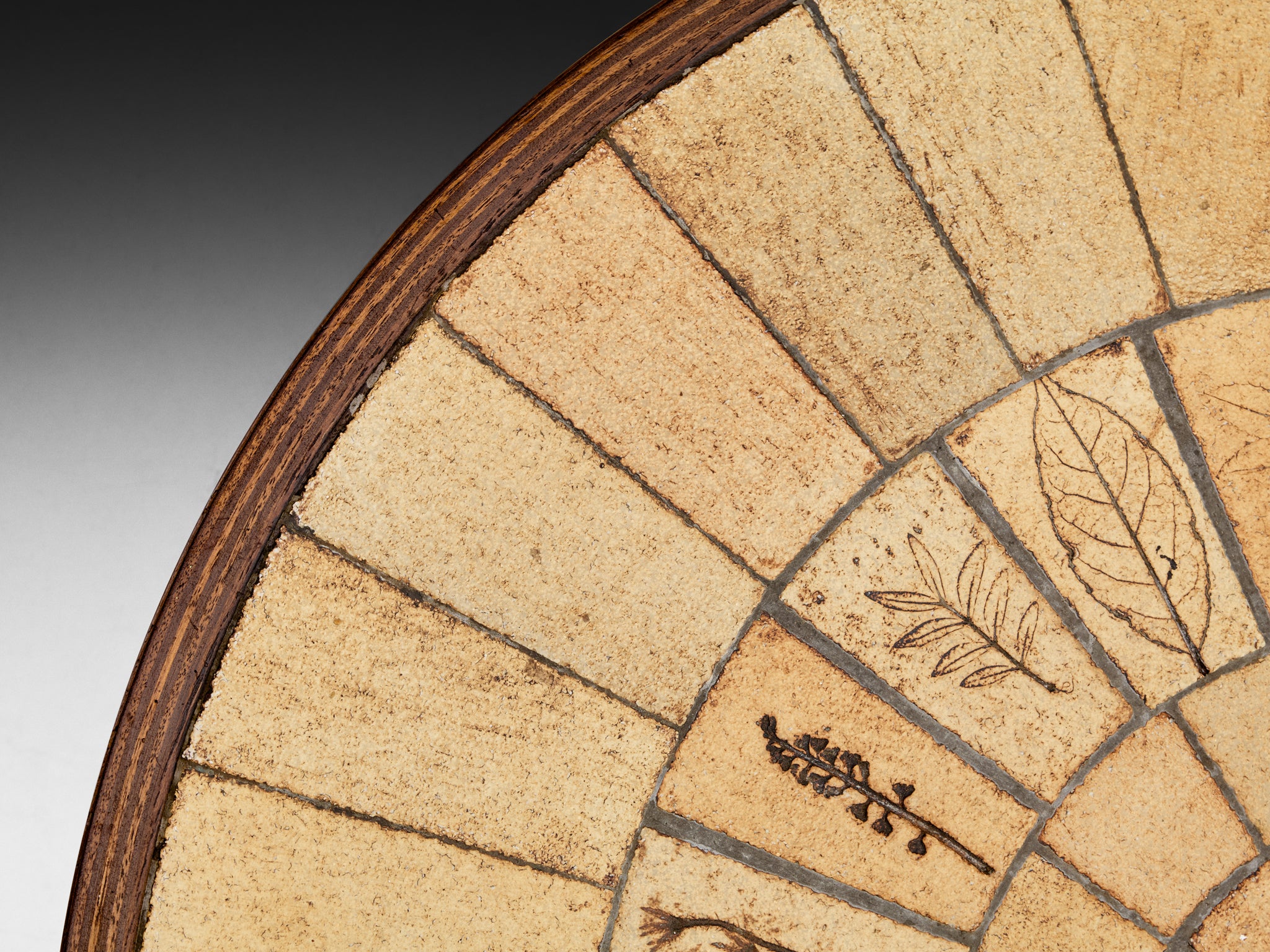 Roger Capron Round Coffee Table with Floral Imprints in Ceramic and Wood