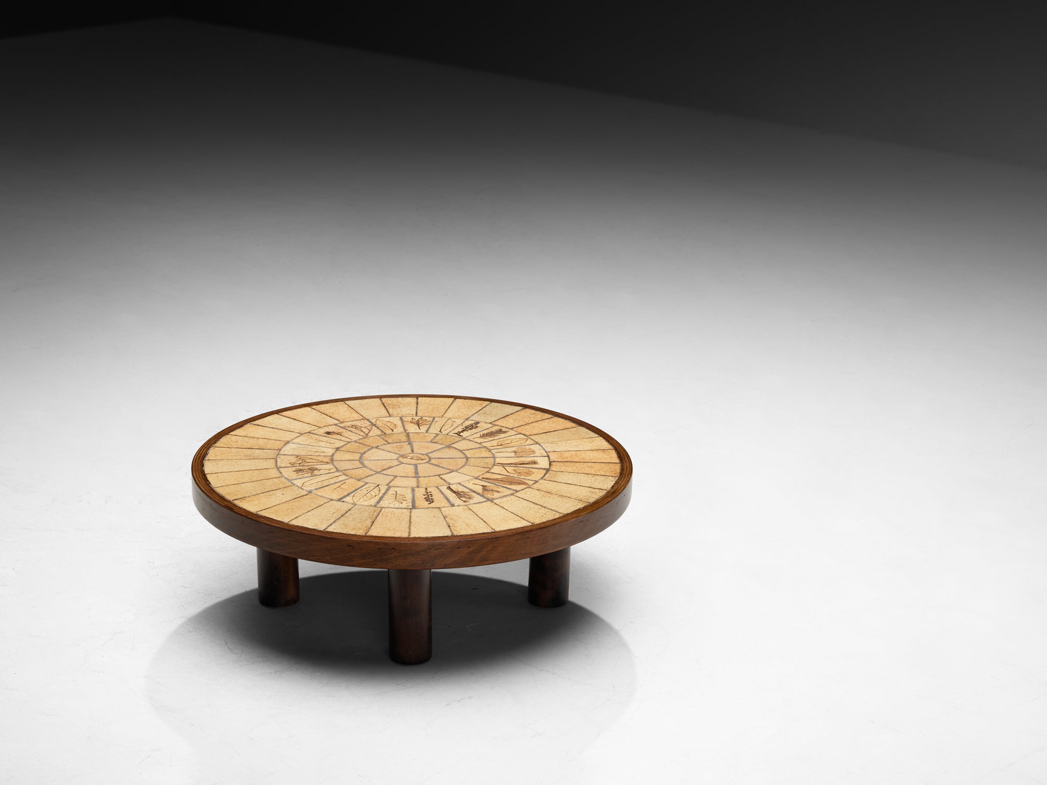 Roger Capron Round Coffee Table with Floral Imprints in Ceramic and Wood