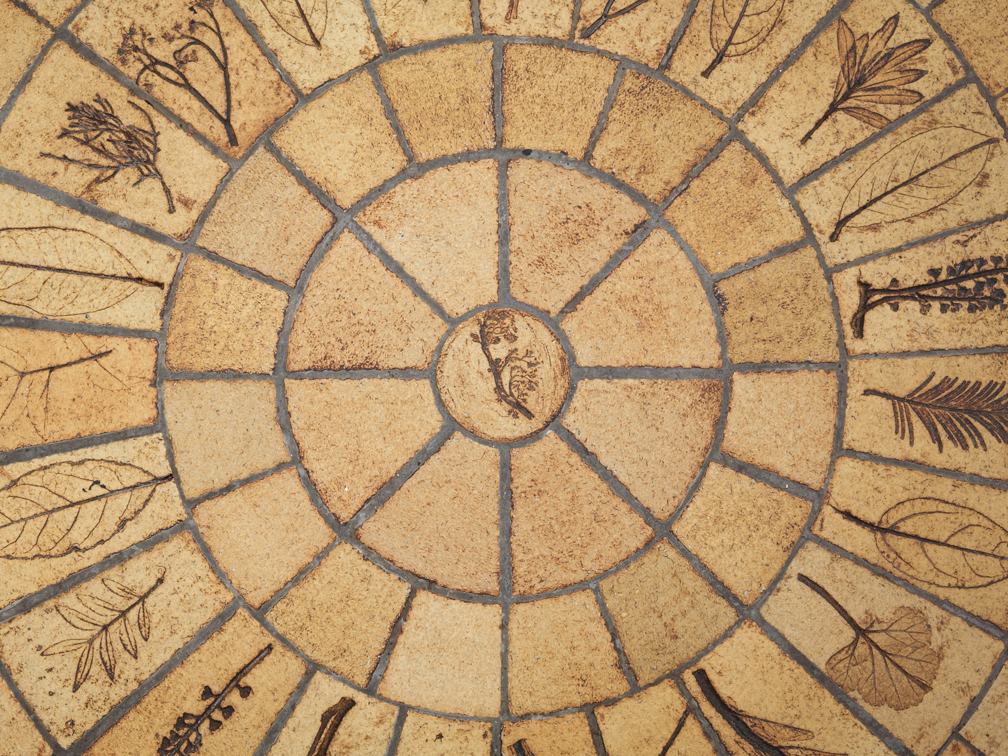 Roger Capron Round Coffee Table with Floral Imprints in Ceramic and Wood