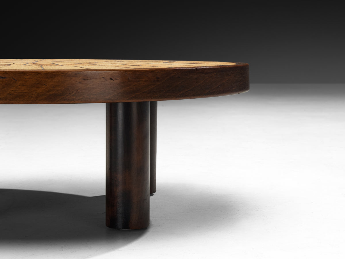 Roger Capron Round Coffee Table with Floral Imprints in Ceramic and Wood Tables Morentz