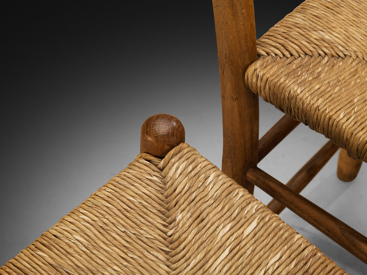 Rustic Set of Twelve Dining Chairs in Solid Oak and Straw Seating Morentz