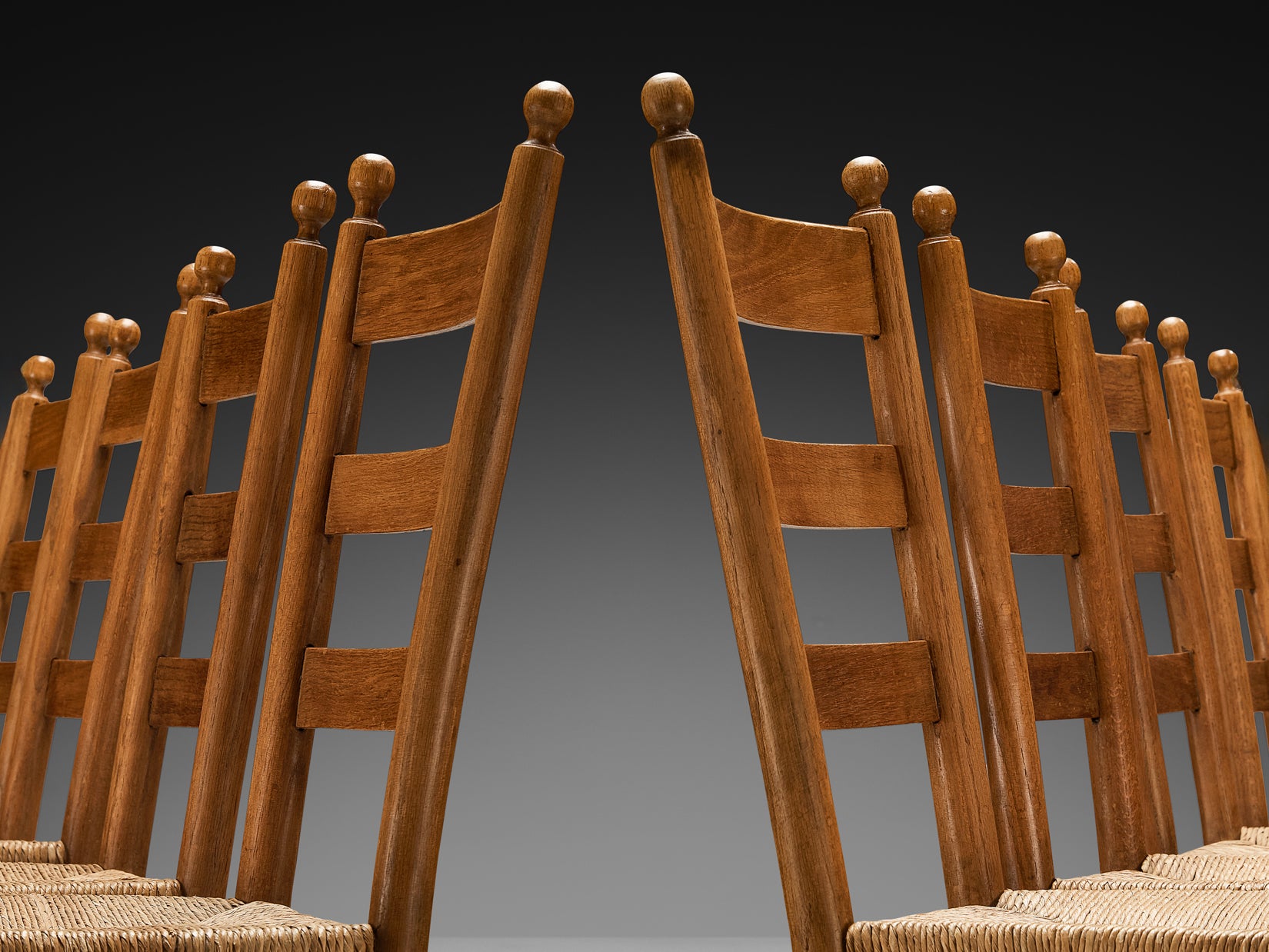 Rustic Set of Eight Dining Chairs in Solid Oak and Straw Seating Morentz