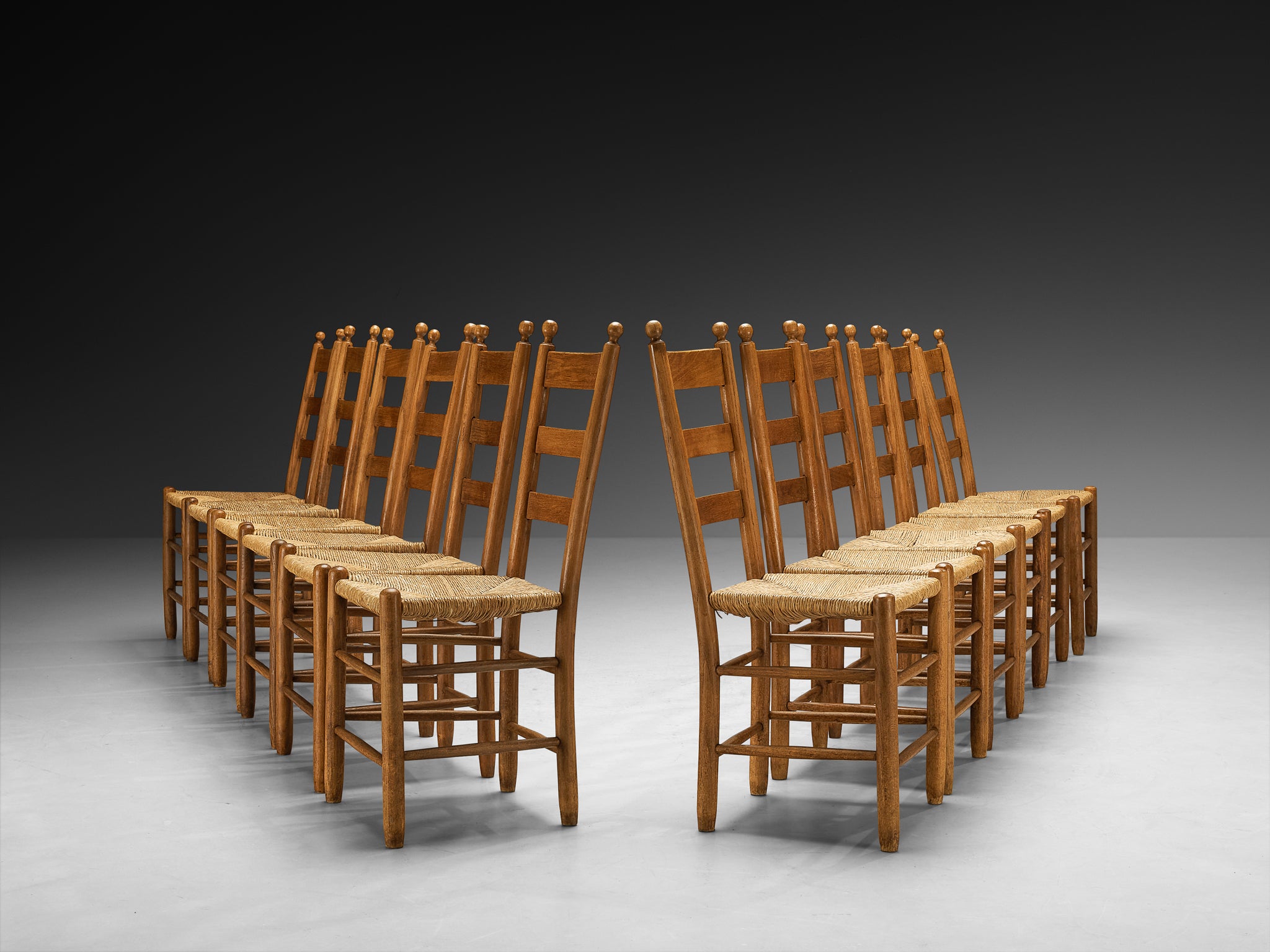 Rustic Set of Twelve Dining Chairs in Solid Oak and Straw Seating Morentz