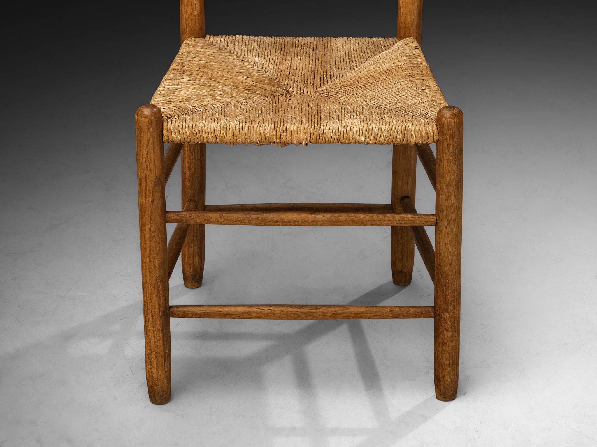 Rustic Set of Twelve Dining Chairs in Solid Oak and Straw Seating Morentz