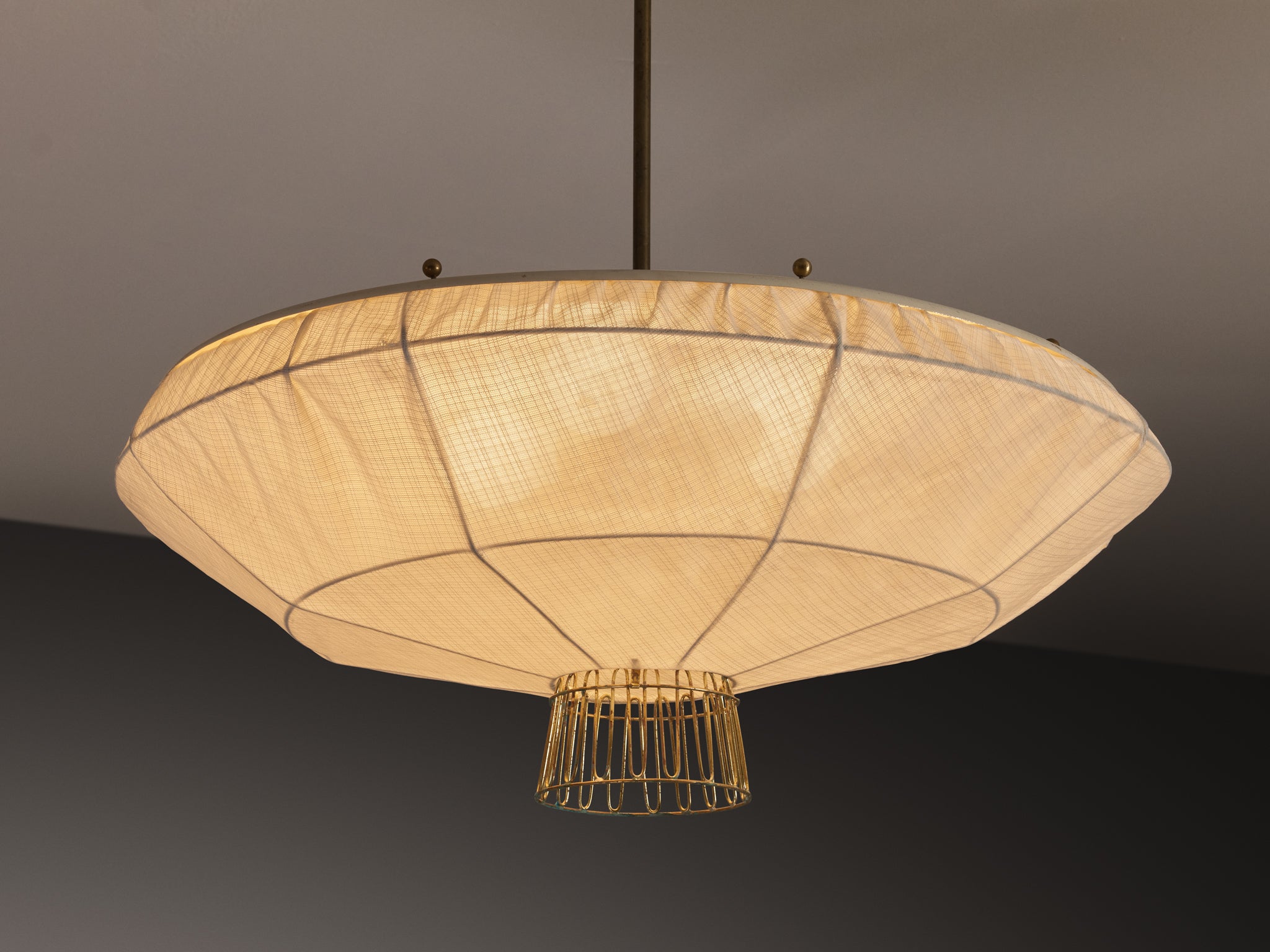 Lisa Johansson-Pape for Orno Rare Chandeliers in Brass and Off-White Fabric Lighting Morentz