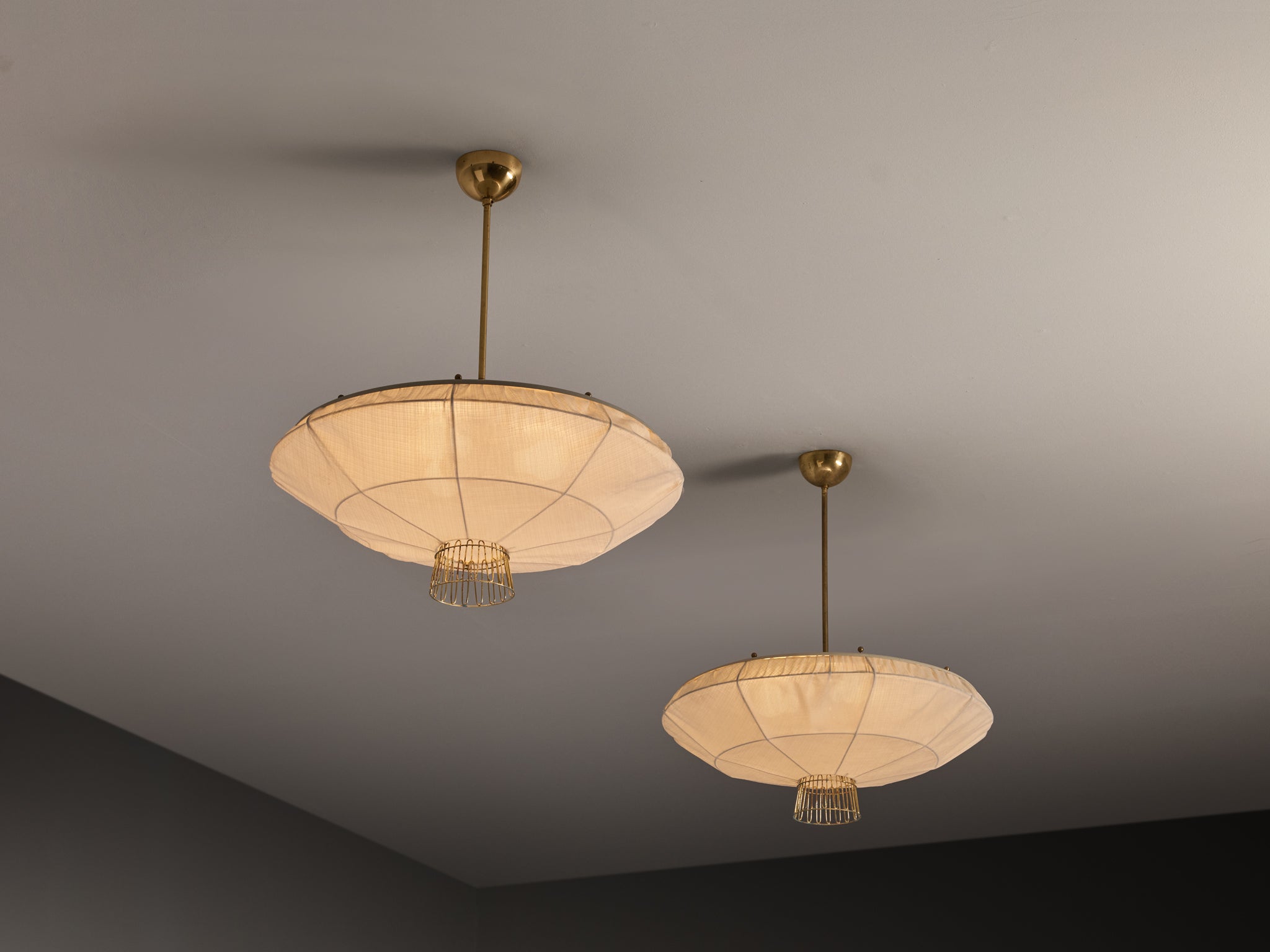 Lisa Johansson-Pape for Orno Rare Chandeliers in Brass and Off-White Fabric Lighting Morentz