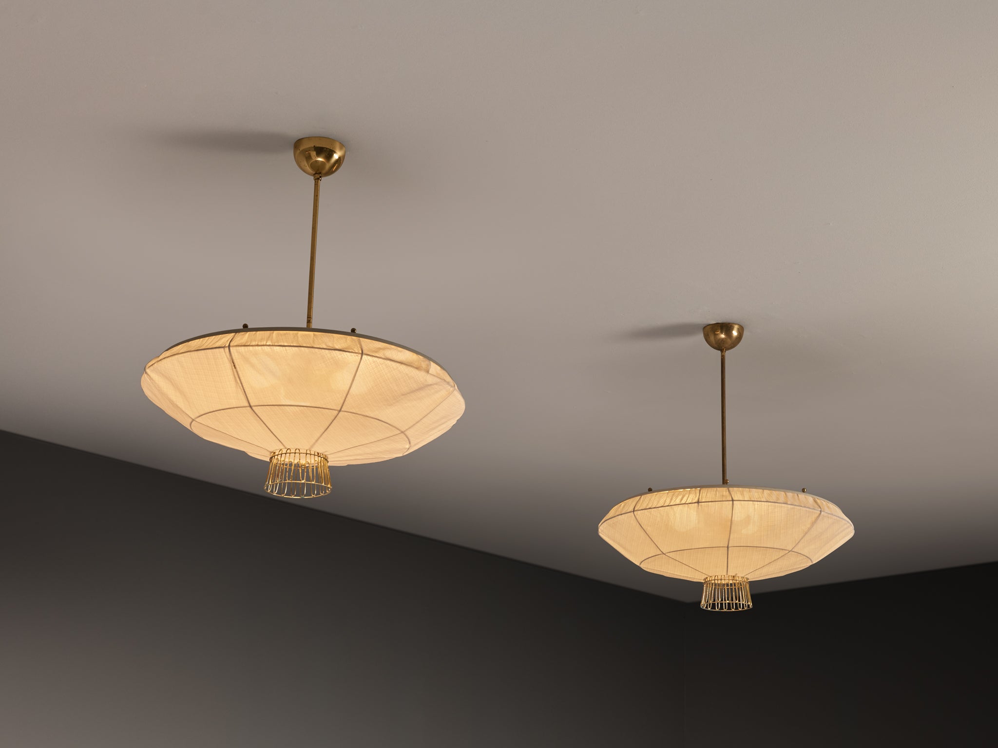 Lisa Johansson-Pape for Orno Rare Chandeliers in Brass and Off-White Fabric Lighting Morentz