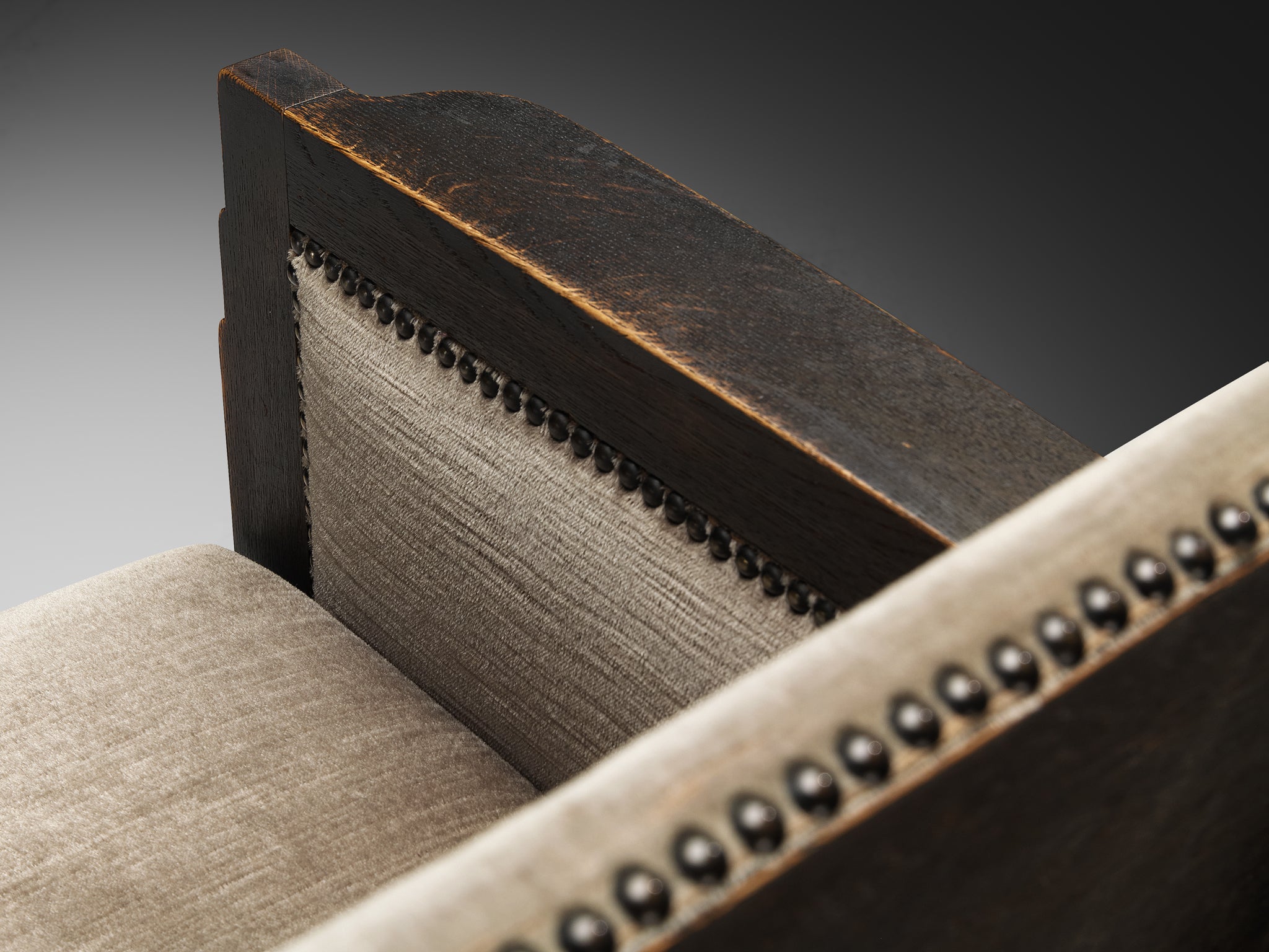 Amsterdam School Dutch Art Deco Pair of Lounge Chairs in Oak and Grey Velvet Seating Morentz