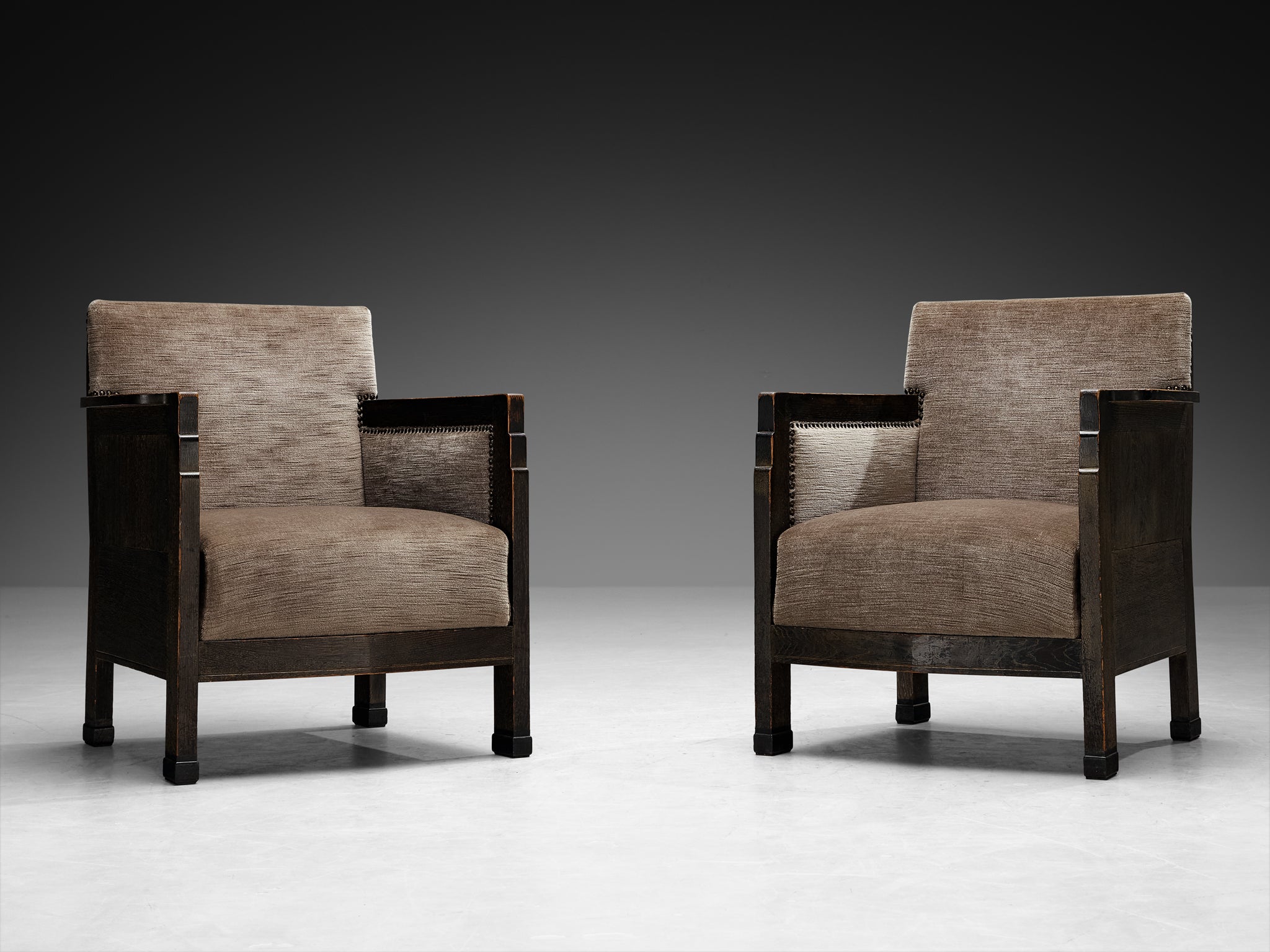 Amsterdam School Dutch Art Deco Pair of Lounge Chairs in Oak and Grey Velvet Seating Morentz