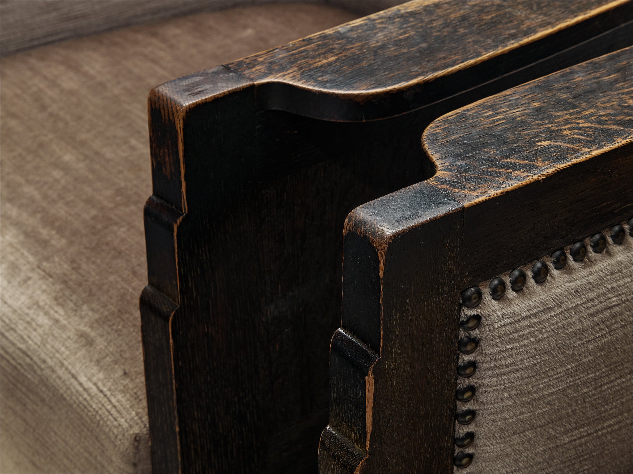 Amsterdam School Dutch Art Deco Pair of Lounge Chairs in Oak and Grey Velvet Seating Morentz