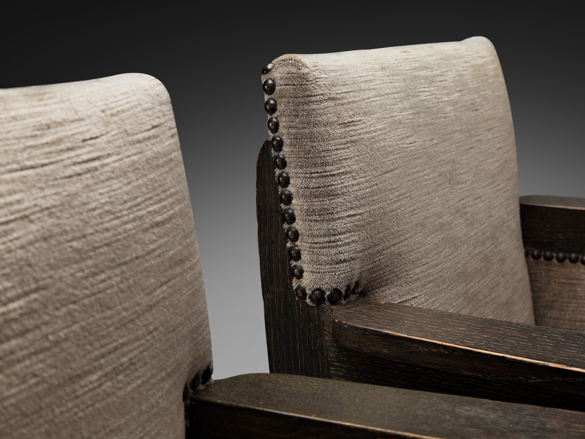 Amsterdam School Dutch Art Deco Pair of Lounge Chairs in Oak and Grey Velvet Seating Morentz