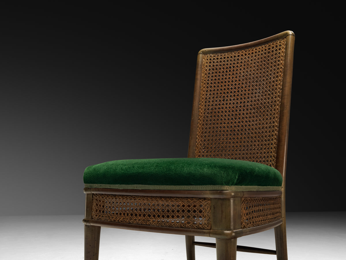Guglielmo Ulrich for Ar.Ca Set of Eight Dining Chairs in Cane and Dark Green Velvet