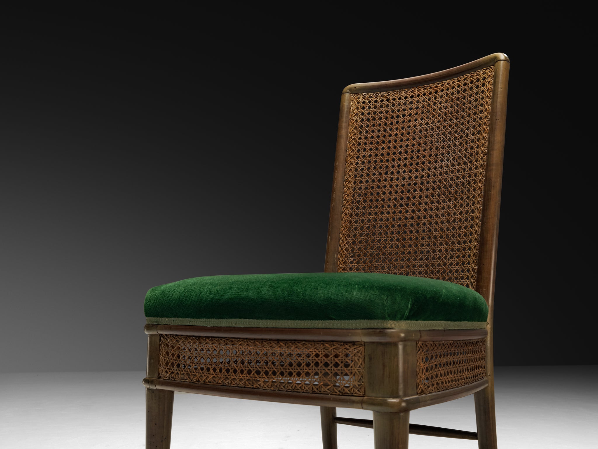 Guglielmo Ulrich for Ar.Ca Set of Eight Dining Chairs in Cane and Dark Green Velvet Seating Morentz