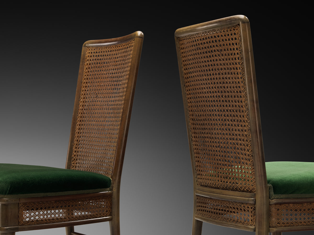 Guglielmo Ulrich for Ar.Ca Set of Eight Dining Chairs in Cane and Dark Green Velvet